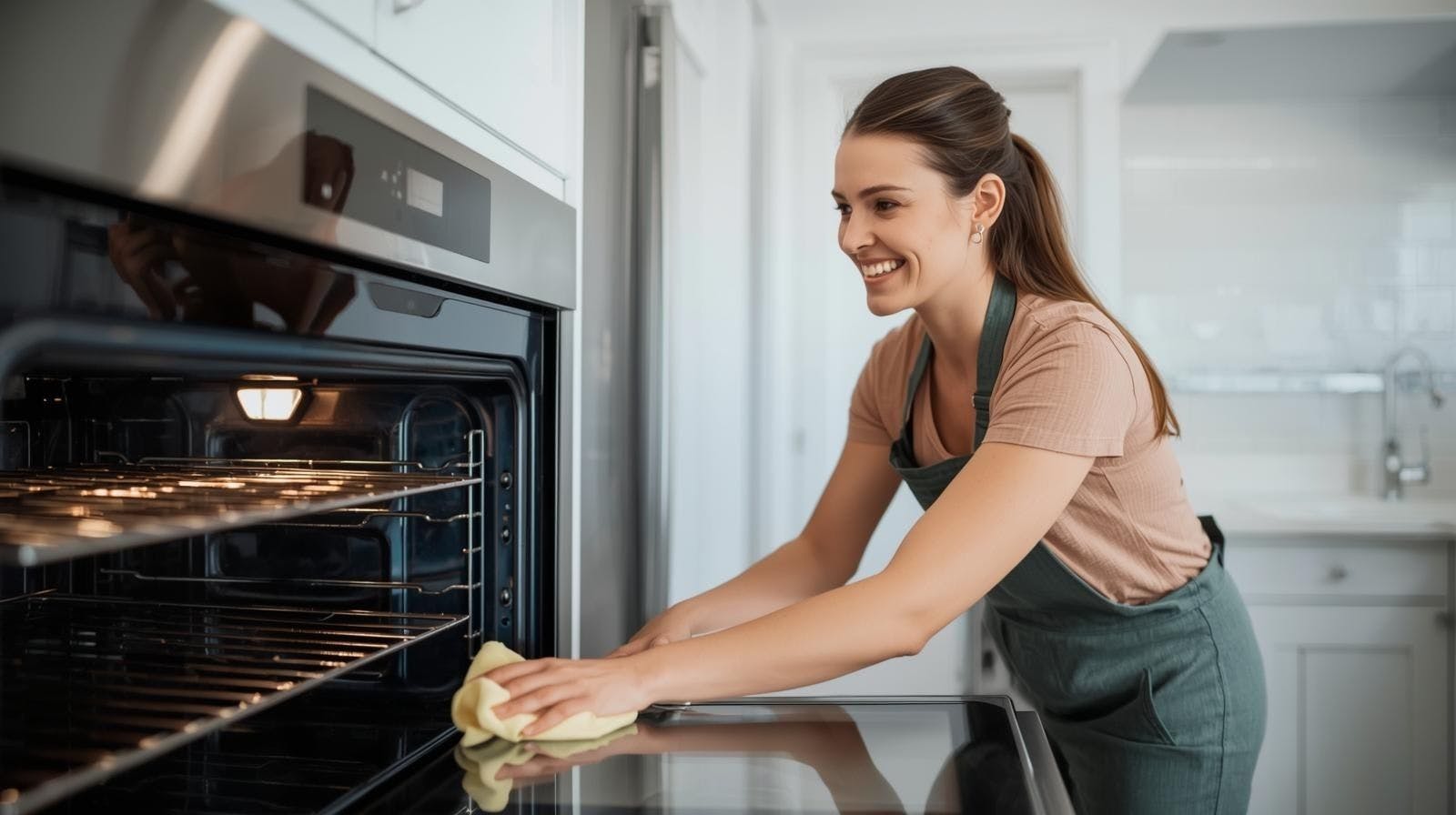 une femme de ménage effectuant un grand ménage à domicile, nettoyant l’intérieur du four pour un résultat impeccable