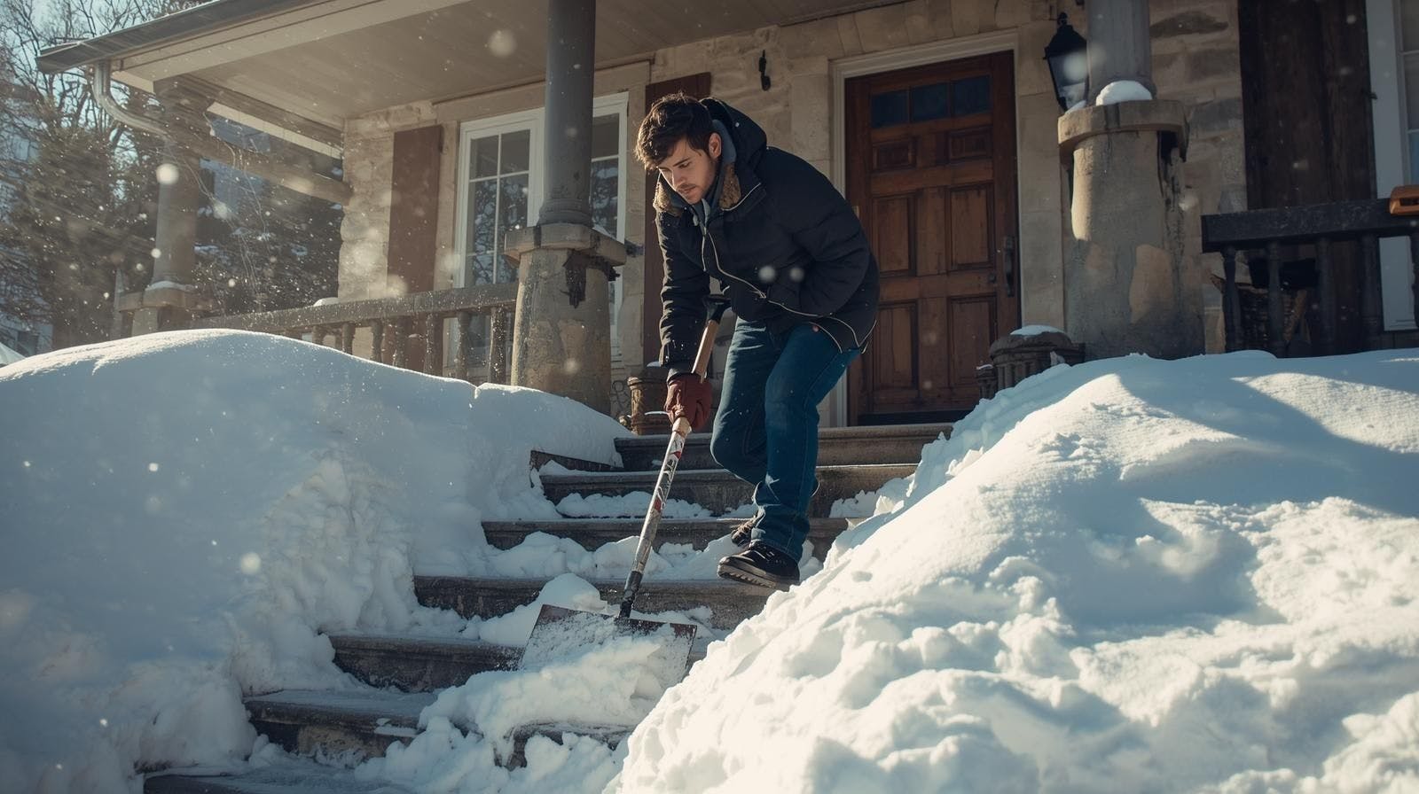 un aidant d'Aidexpress qui déneige les marches d'une maison