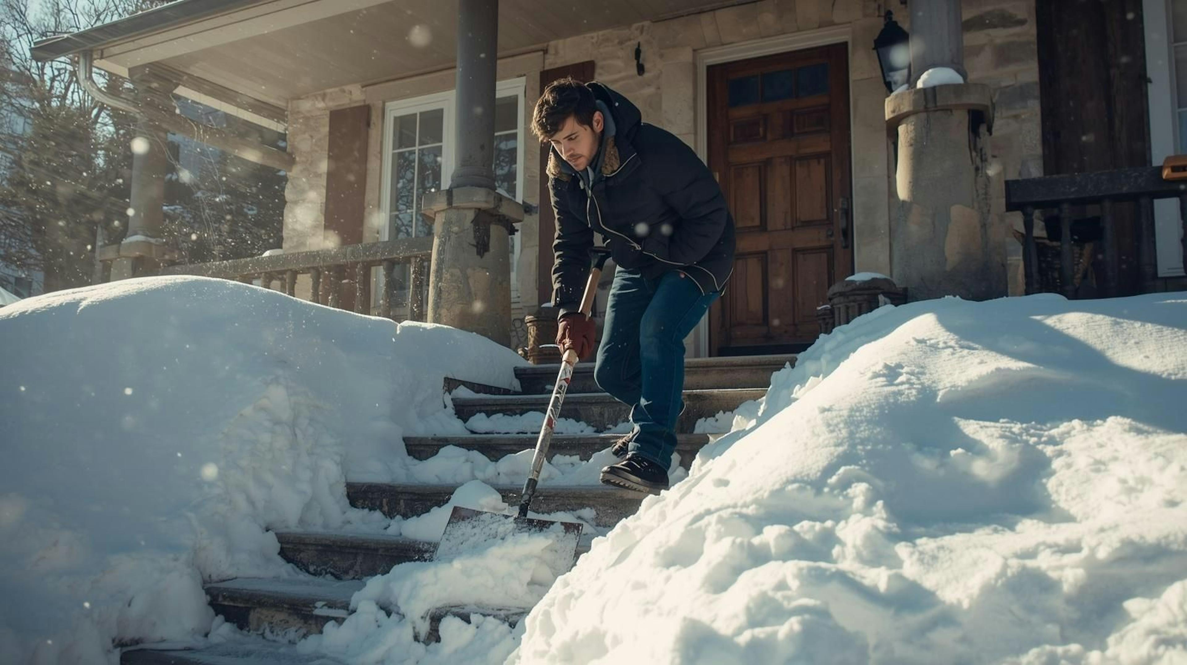 un aidant d'Aidexpress qui déneige les marches d'une maison