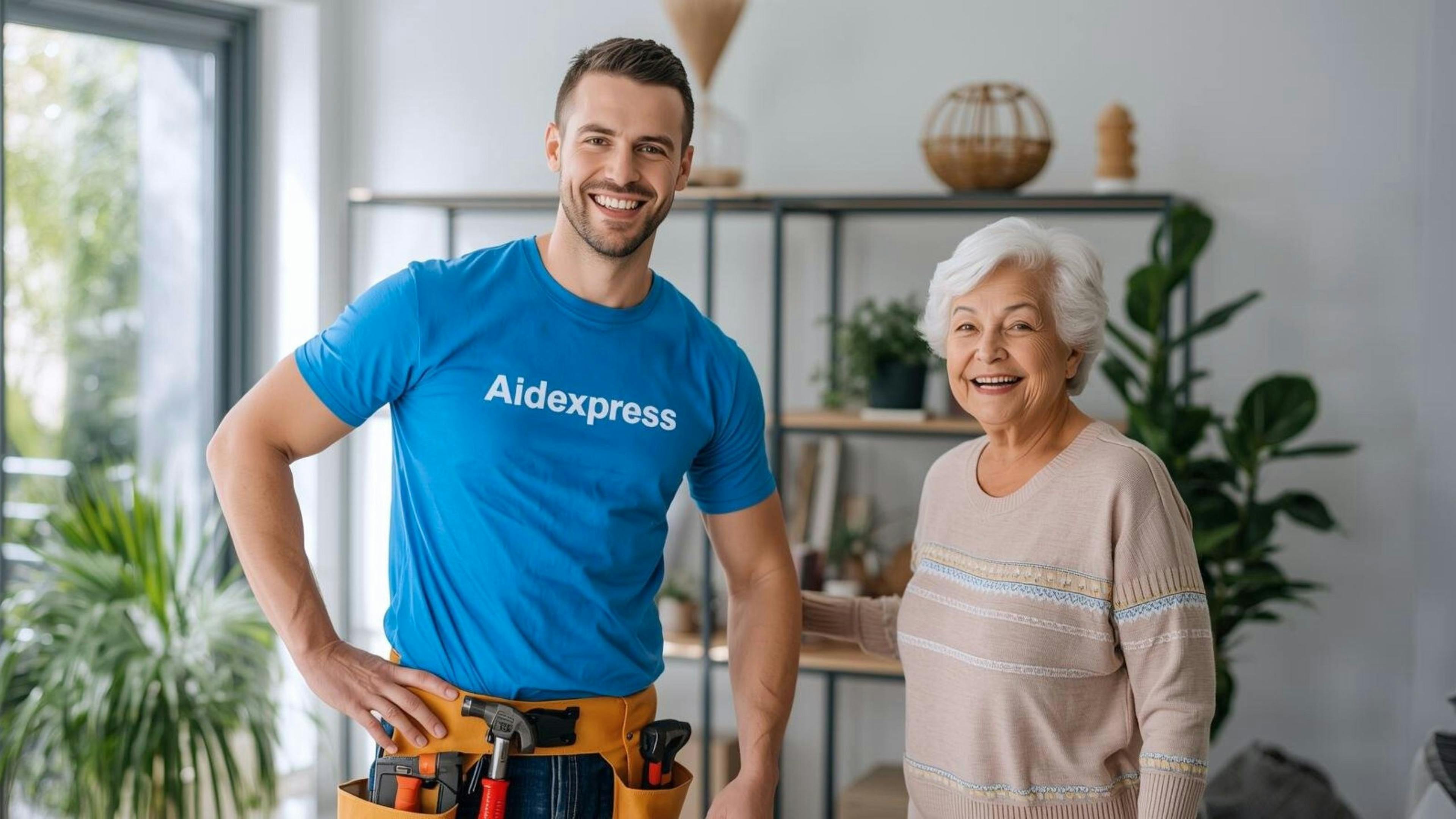 Homme à tout faire Aidexpress installant une tablette murale dans le cadre d’un service de réparations mineures à domicile pour sécuriser et organiser la maison.