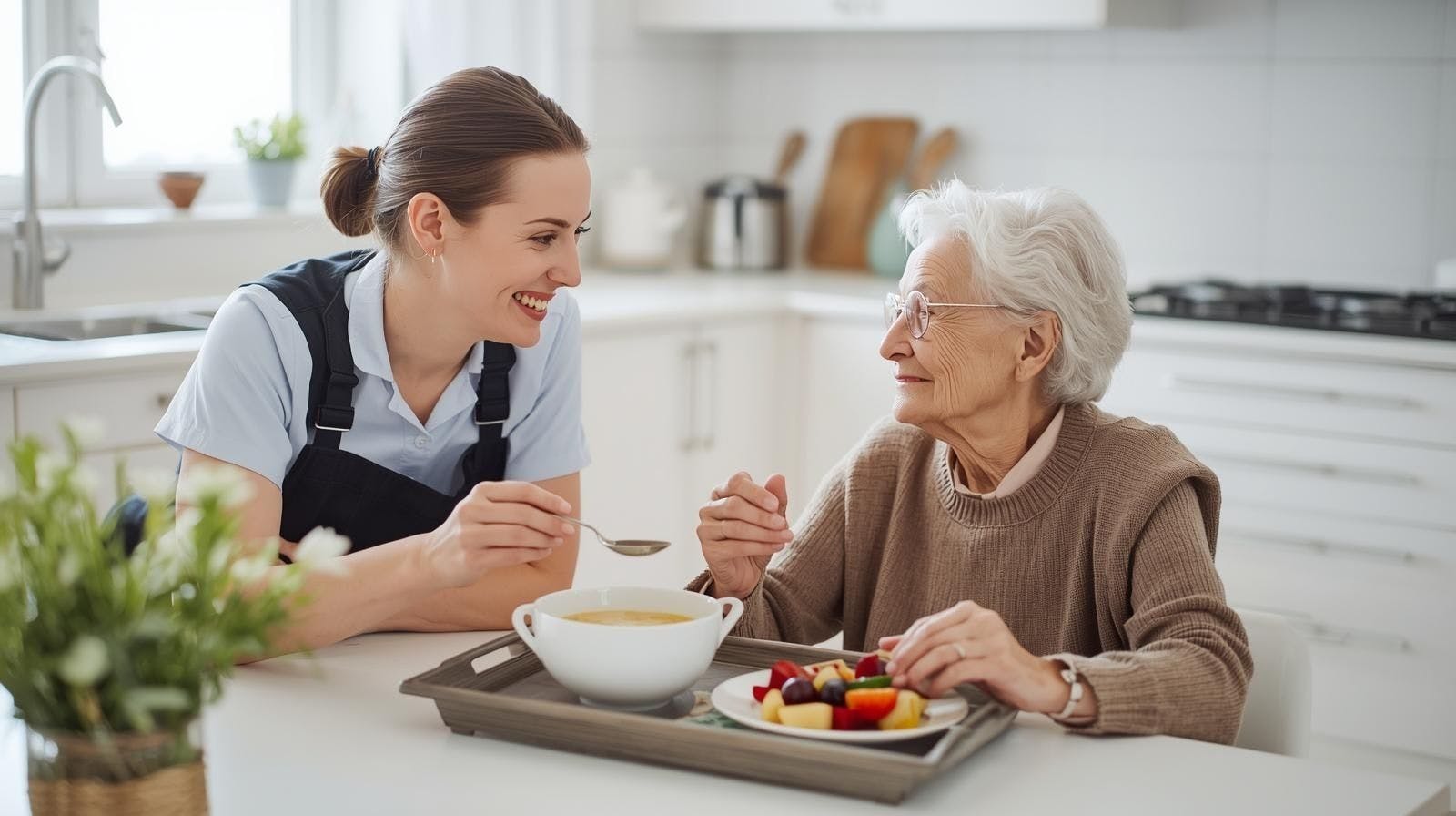 Préposé Aidexpress aidant une personne âgée à manger à domicile avec douceur et respect, pour un repas sécuritaire et digne.
