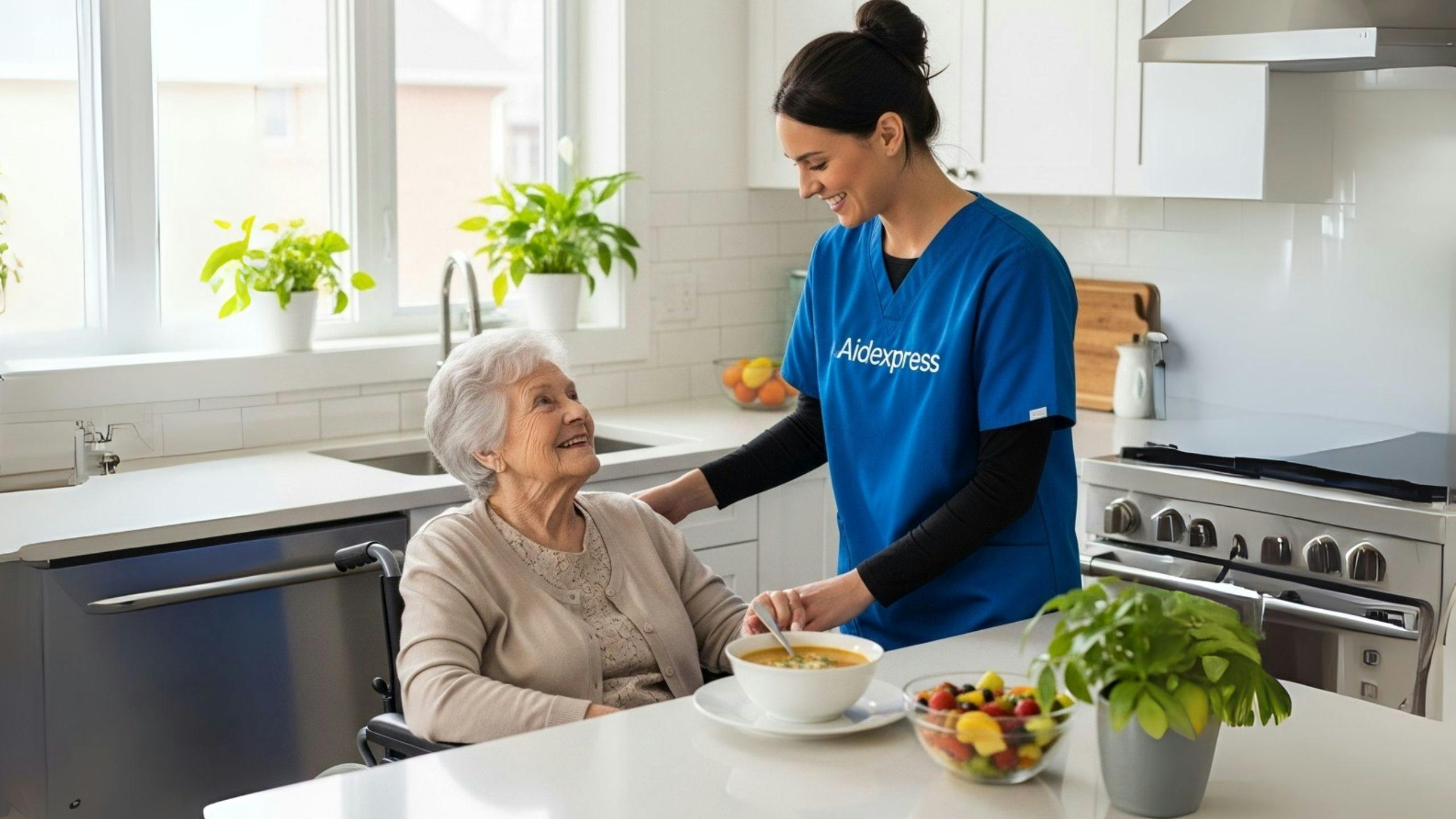 Préposé Aidexpress aidant une personne âgée à manger à domicile avec douceur et respect, pour un repas sécuritaire et digne, parce qu'on est bien chez soi