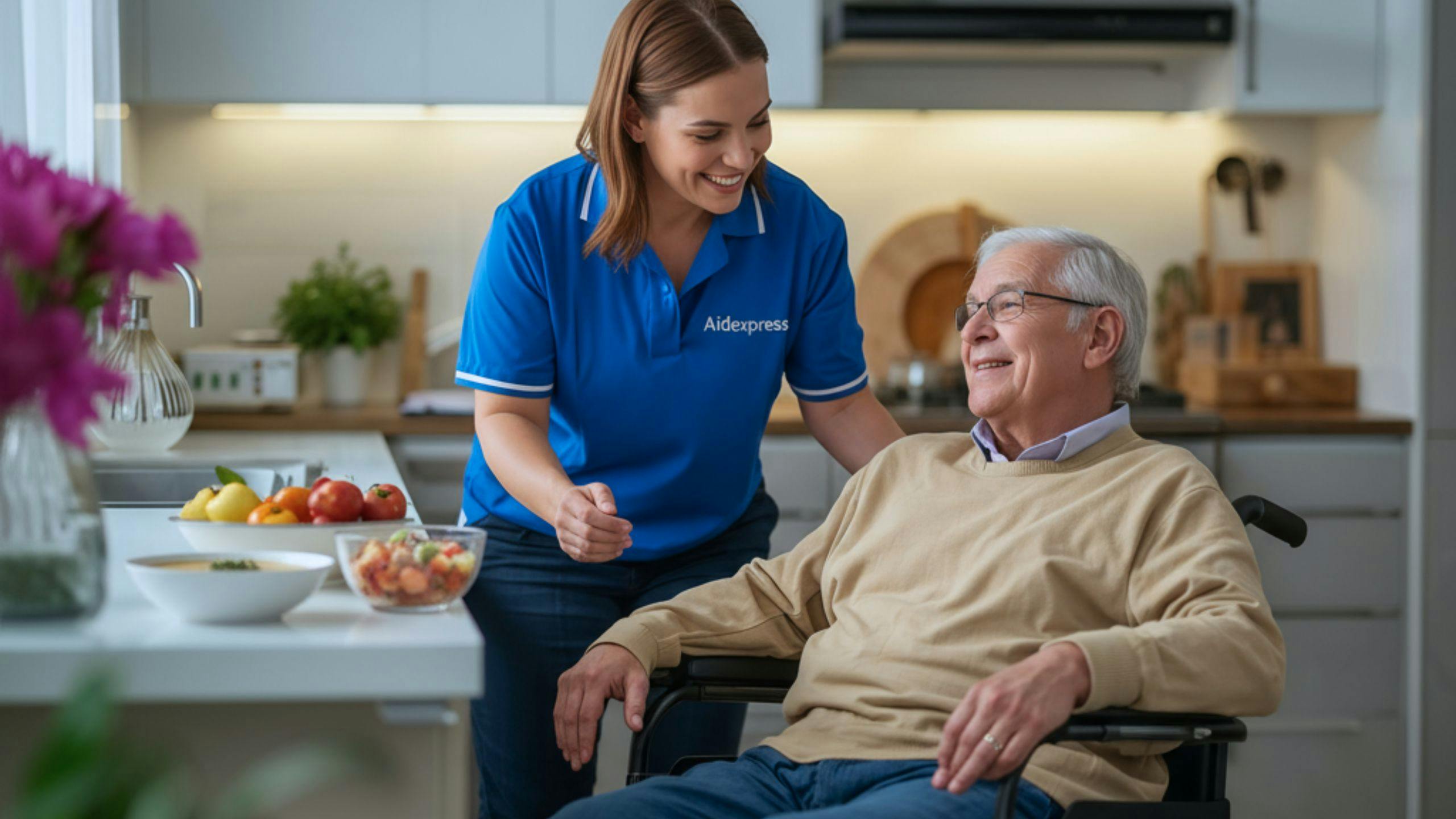 une préposée d'Aidexpress aide une personne âgée à manger son repas dans sa maison parce qu'on est bien chez soi