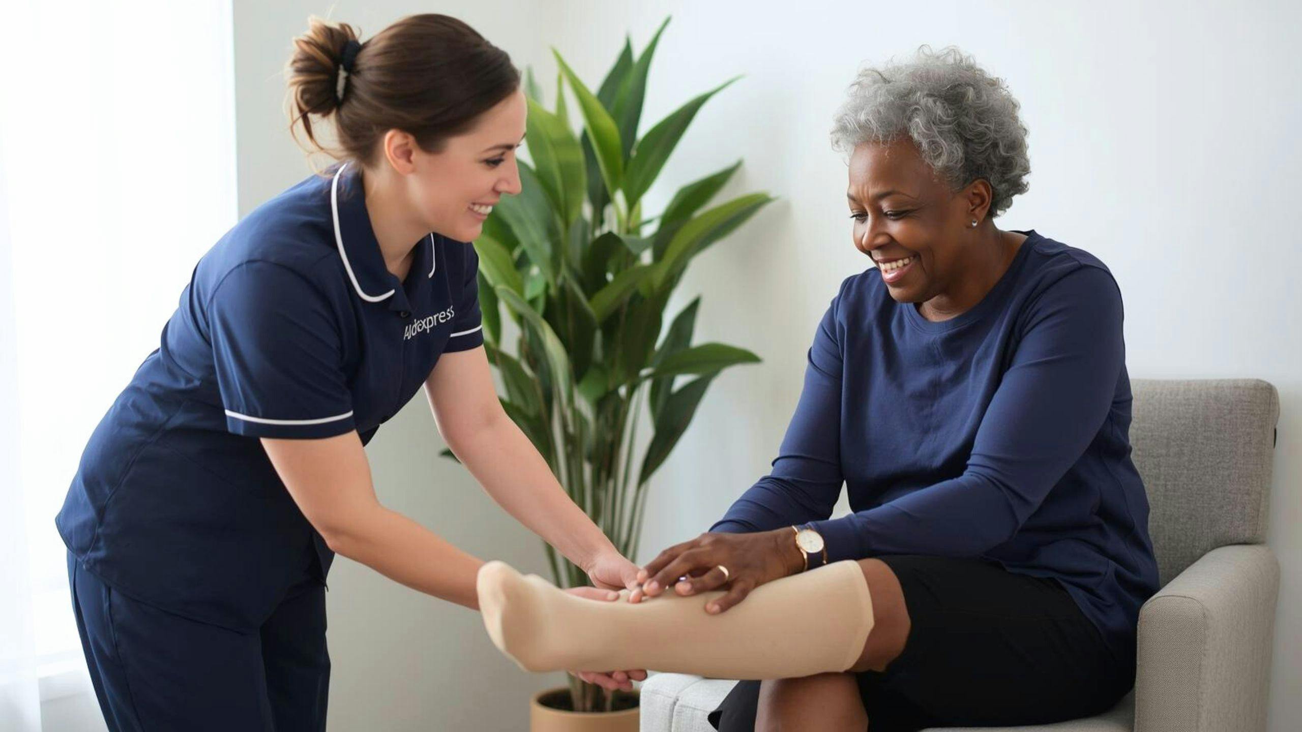 Une préposée Aidexpress en soins à domicile aide une personne âgée à enfiler ses bas de compression de classe 2, illustrant le soutien aux aînés et la prévention des problèmes de circulation.