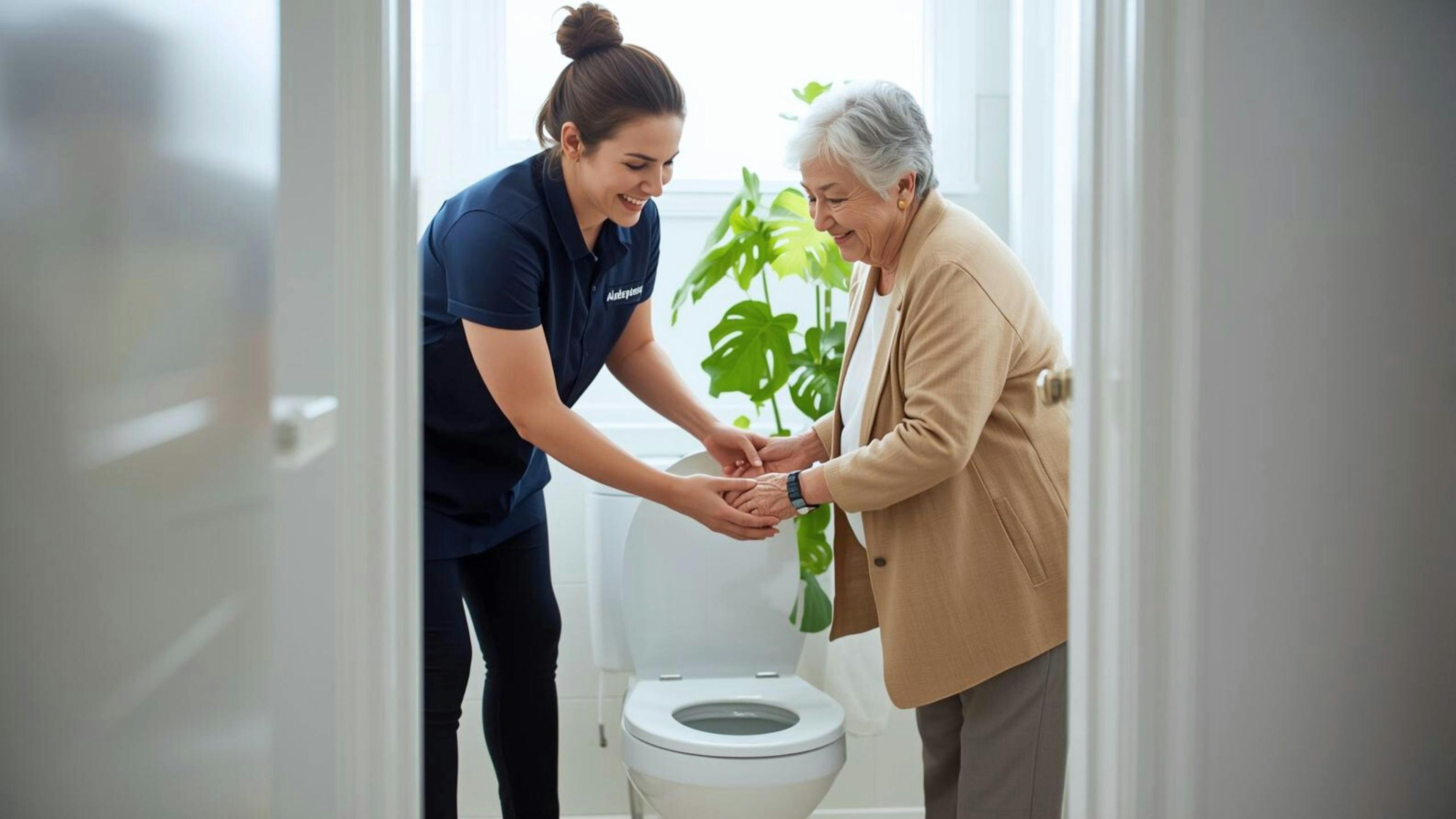 Préposée Aidexpress aidant une personne âgée à effectuer un prélèvement d’urine à domicile, avec respect et hygiène.