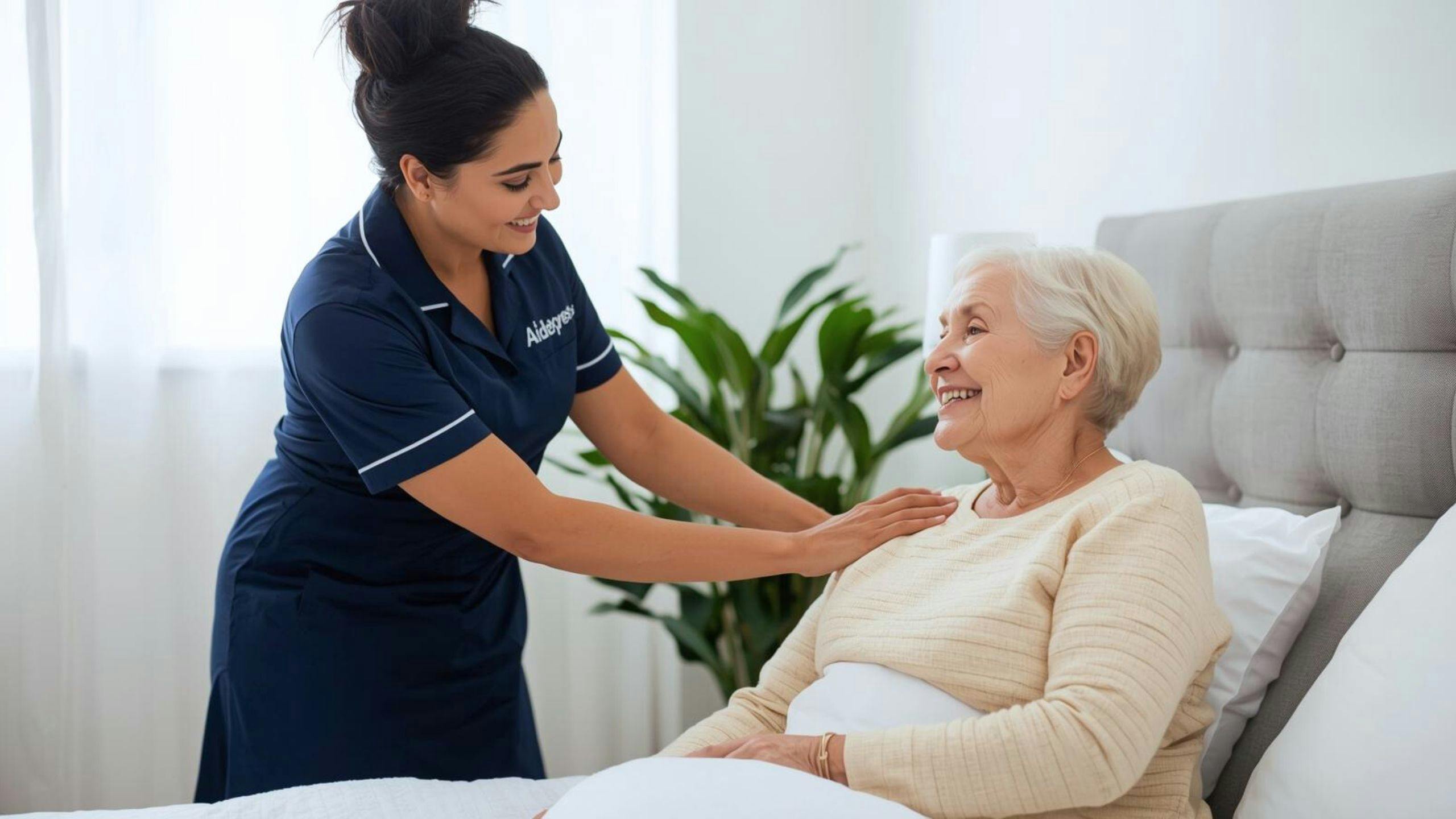 Une préposée en soins à domicile sourit et rassure une personne âgée, illustrant l’aide aux soins d’hygiène et le soutien respectueux des aînés vivant avec une stomie.
