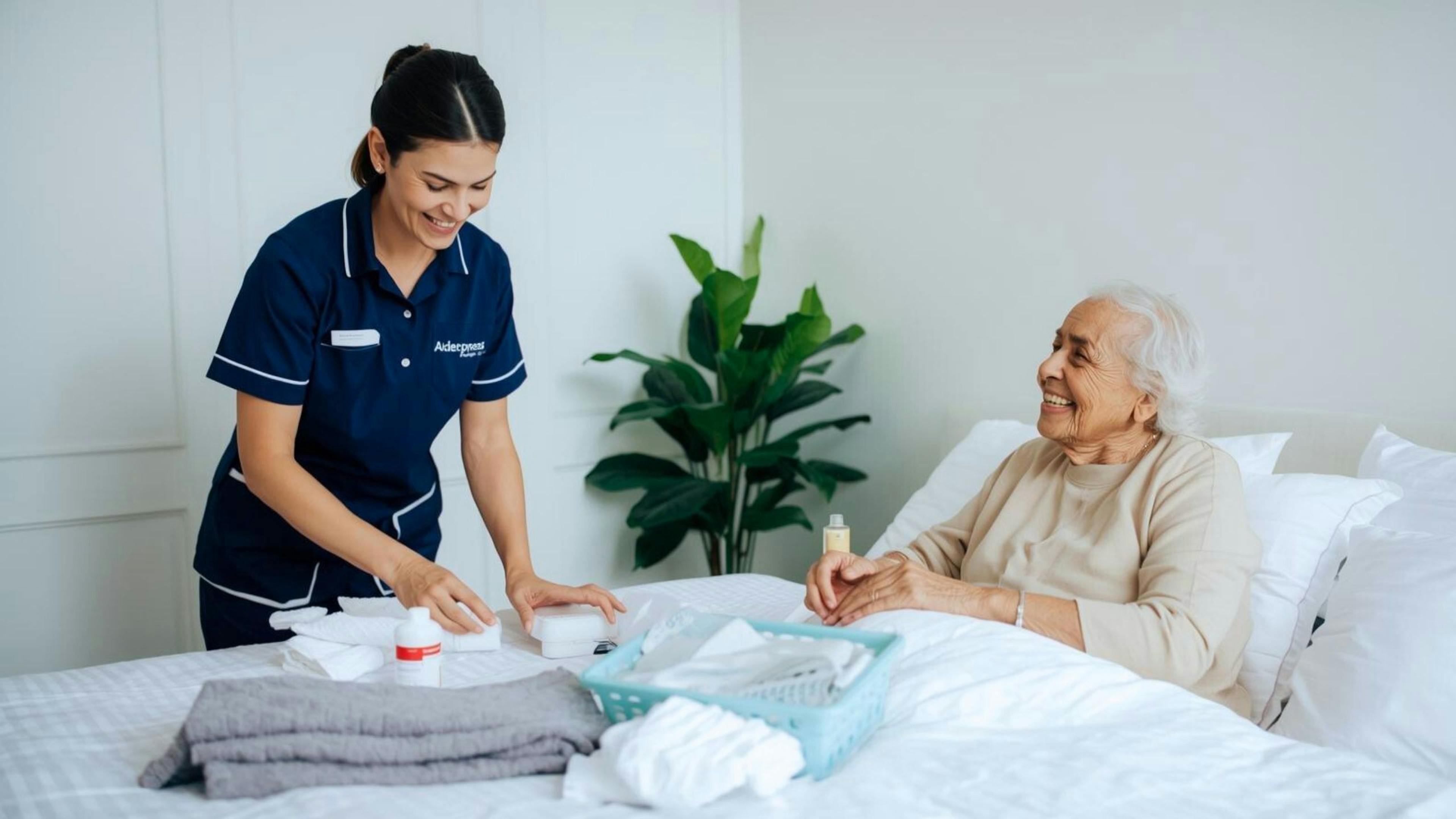 Une préposée en soins à domicile prépare du matériel d’hygiène dans une chambre lumineuse, illustrant l’accompagnement discret et le soutien aux personnes âgées vivant avec une stomie.