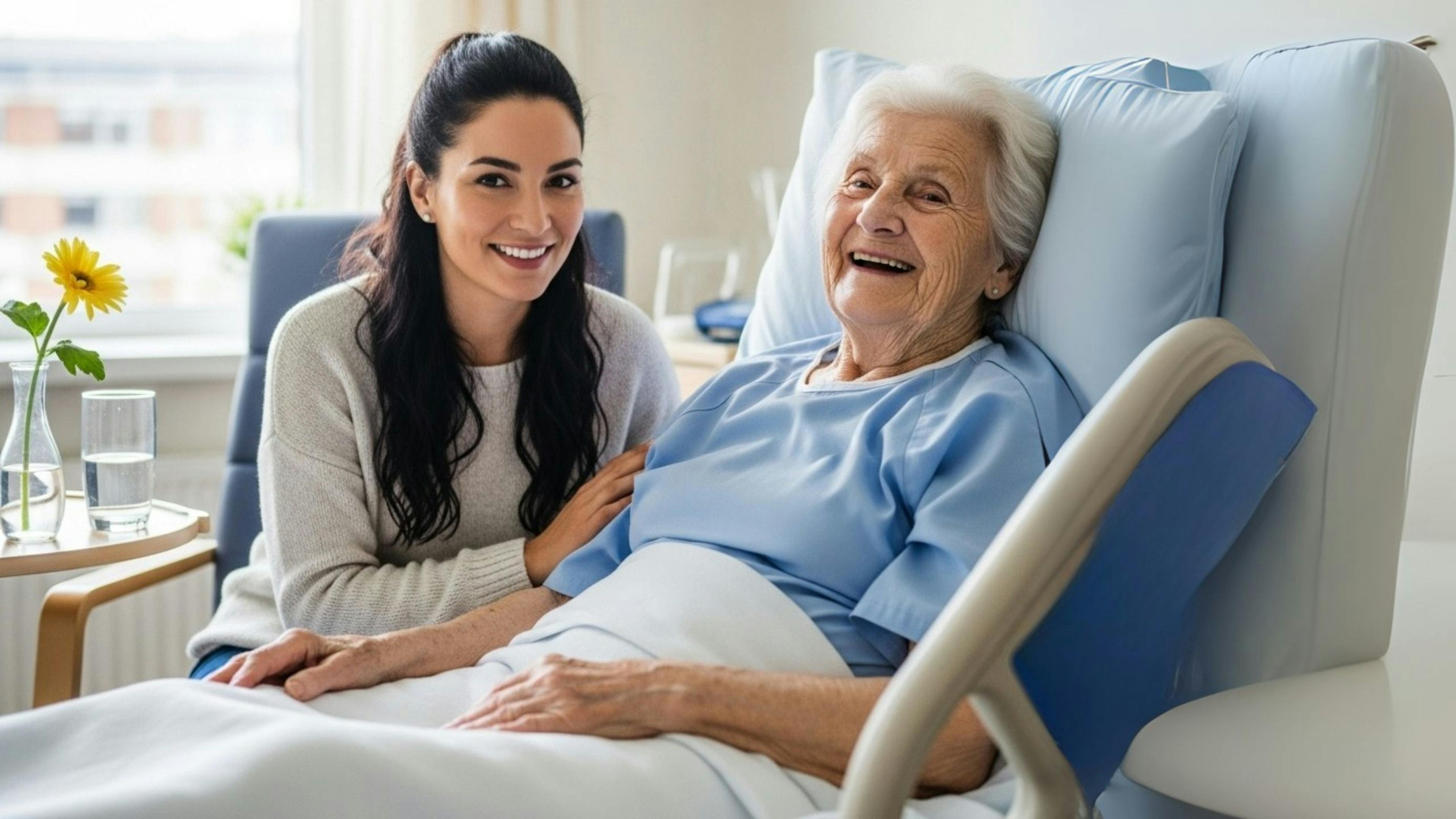 une personne hospitalisée est accompagnée durant son séjour à l'hôpital par une aidante bienveillante d'Aidexpress.