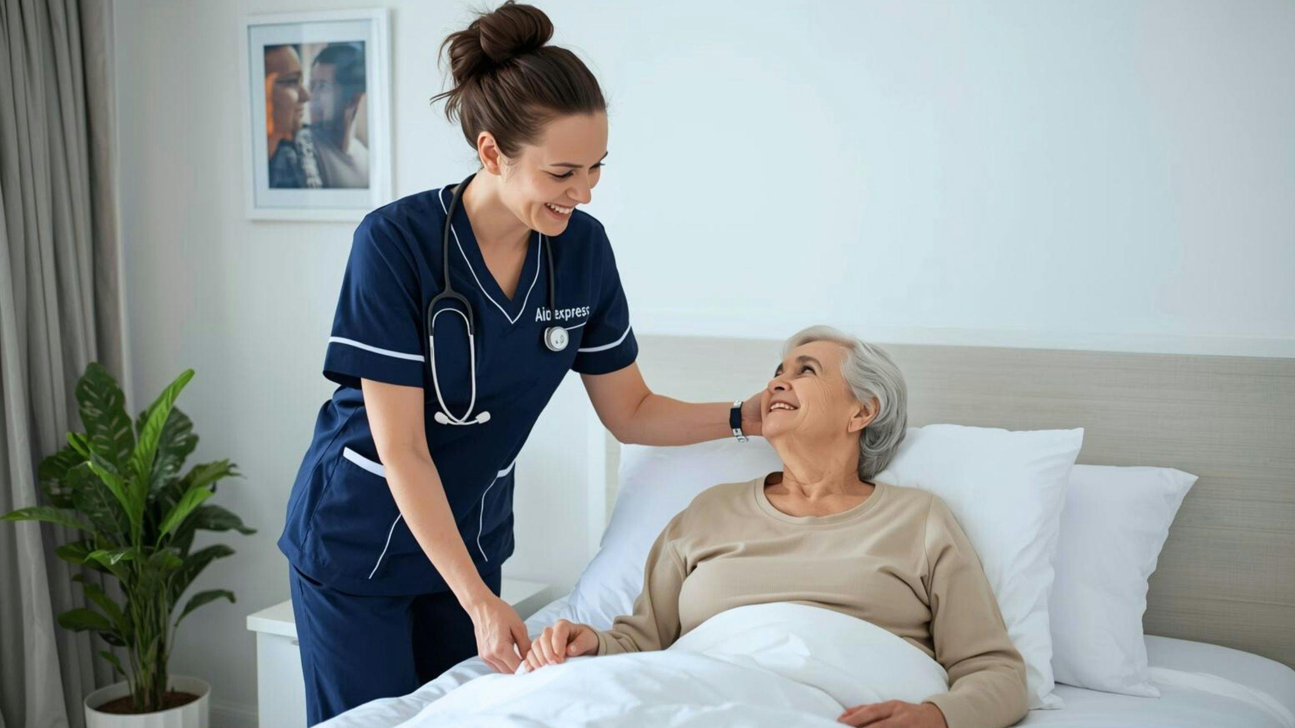 Infirmière à domicile Aidexpress rassurant une personne âgée en convalescence, offrant des soins infirmiers sécuritaires et personnalisés à la maison.