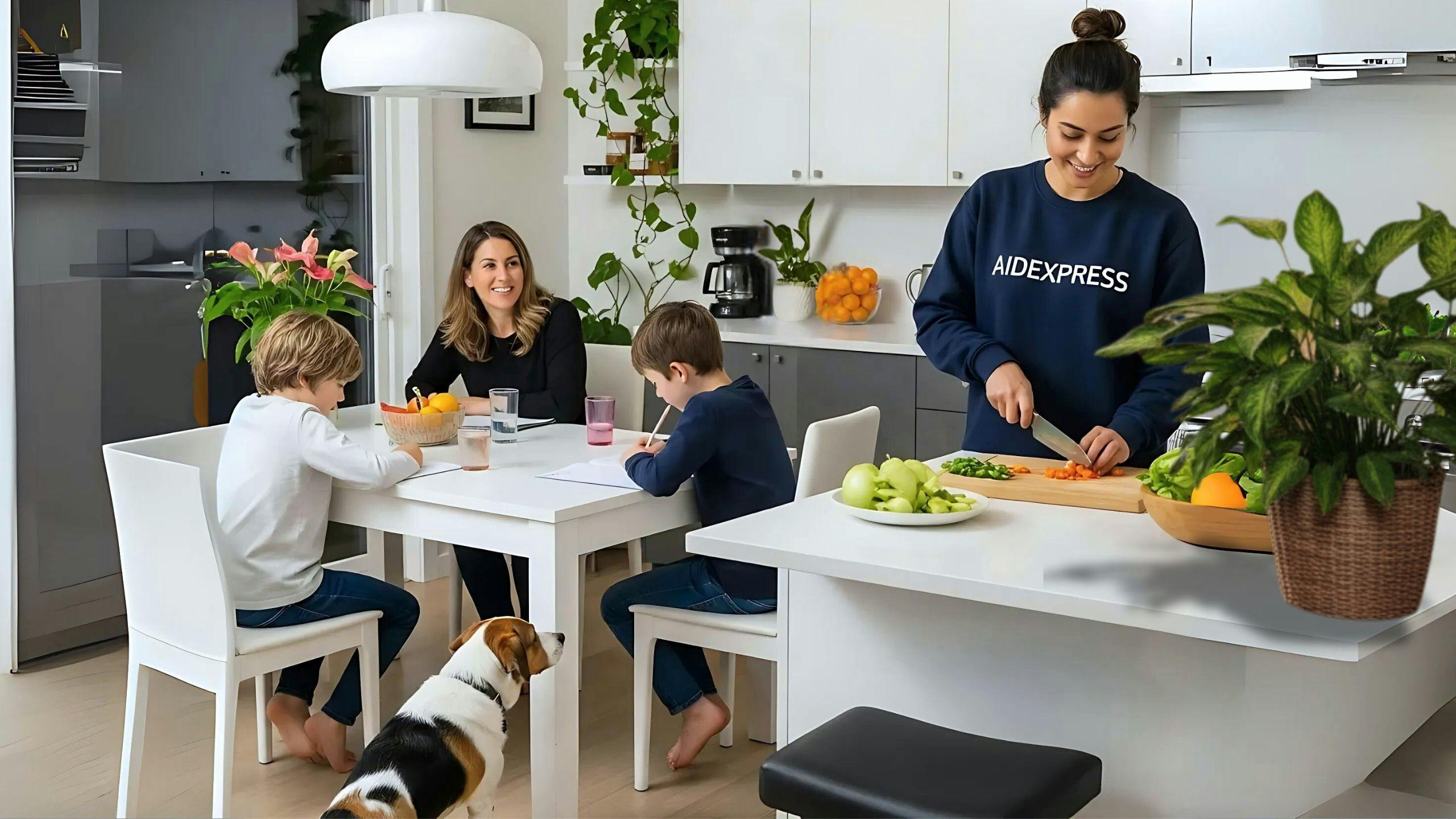 Famille recevant de l’aide d’une aide familiale Aidexpress pour les tâches du quotidien, préparation de repas à domicile.