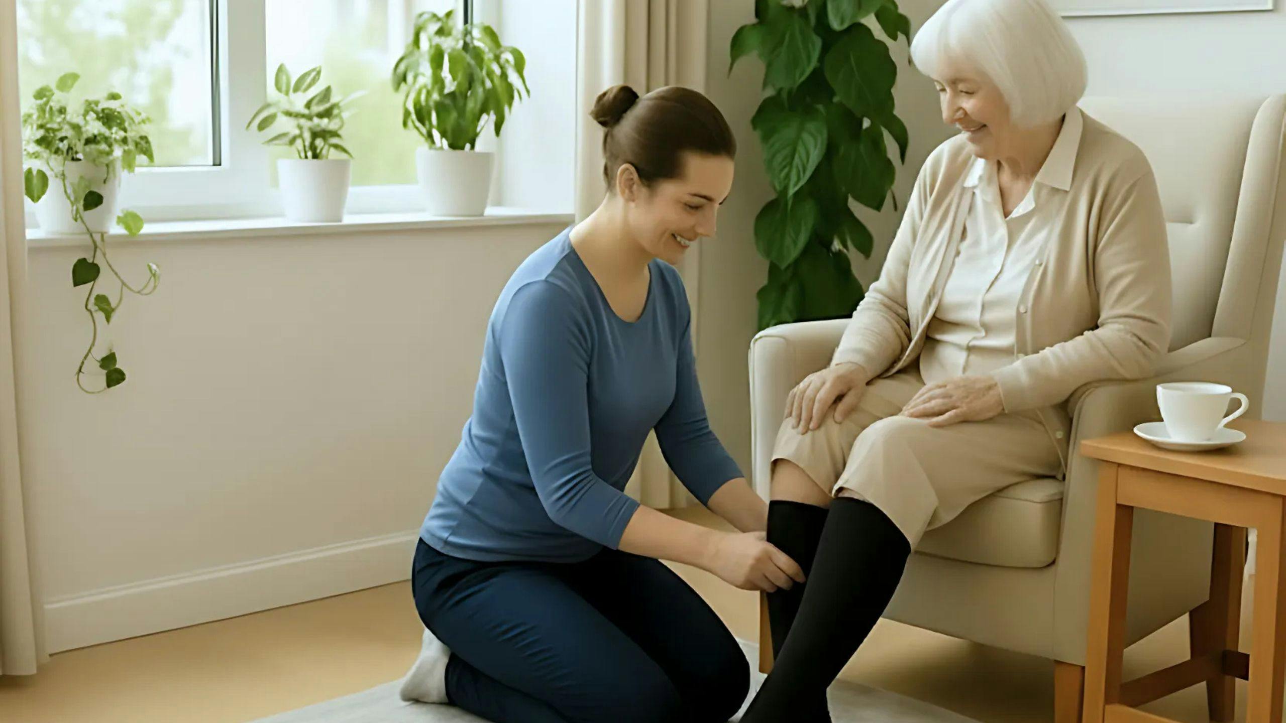 Personne âgée qui met ses bas de compression