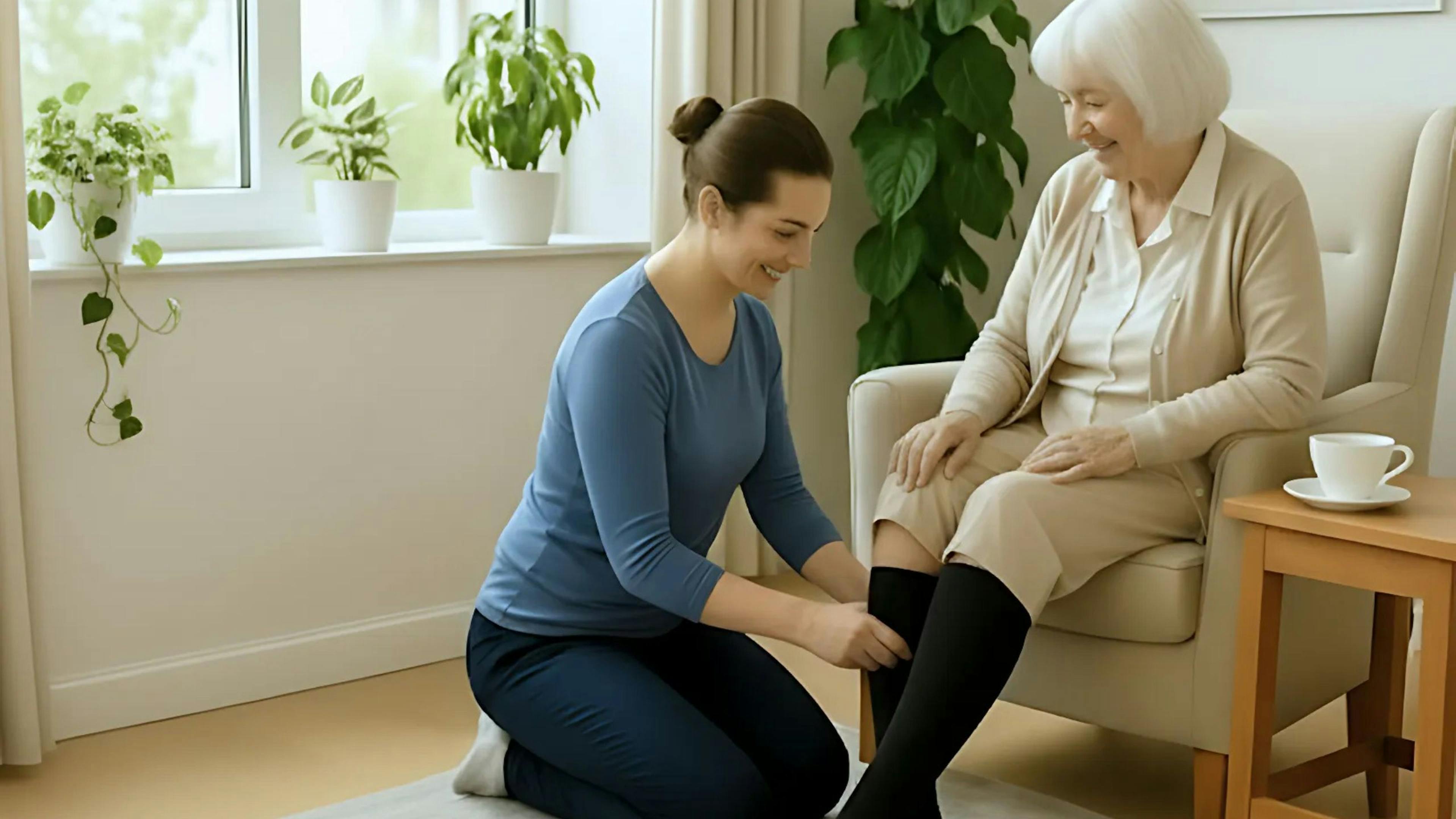 Personne âgée qui met ses bas de compression