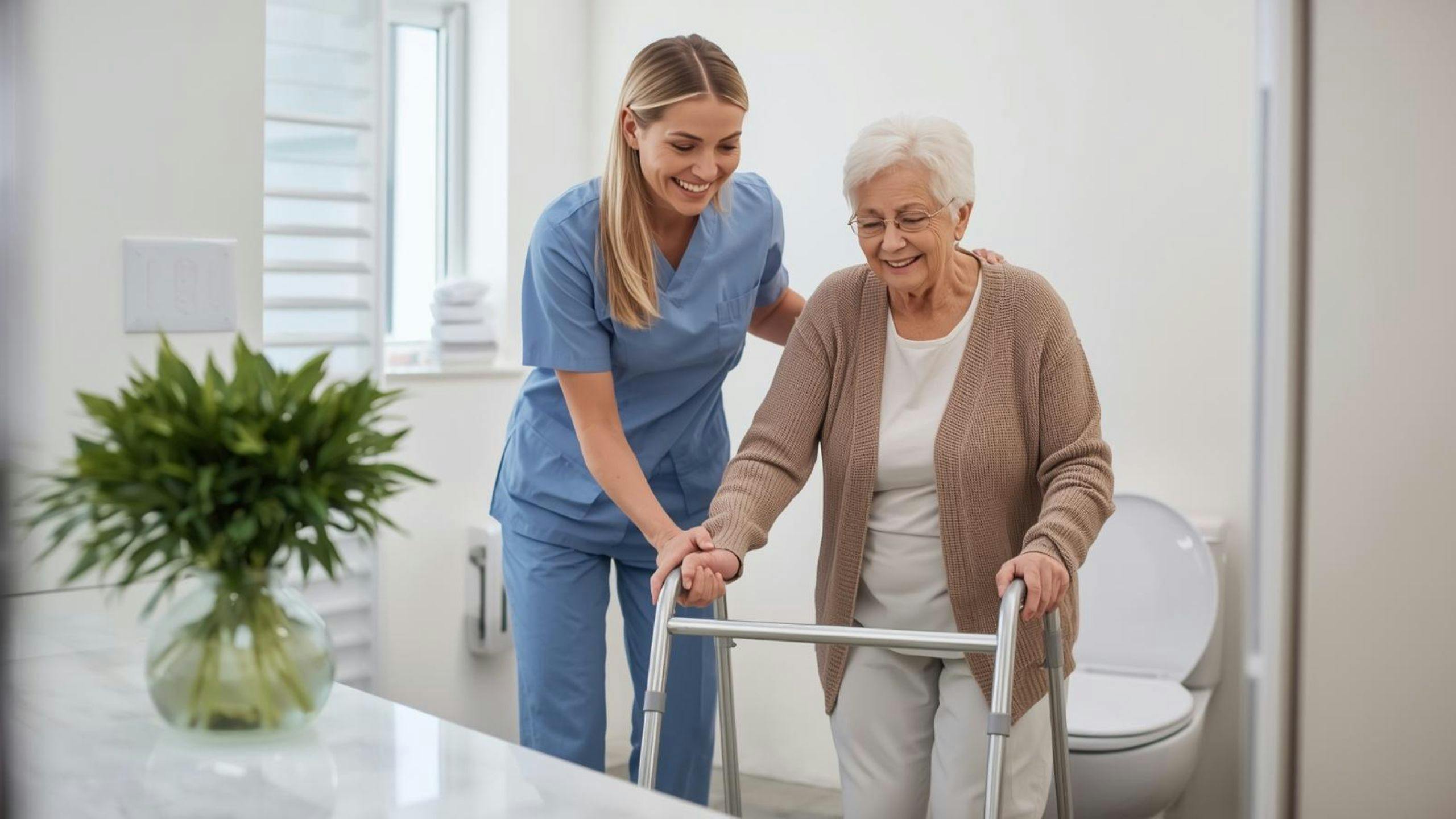 Préposée Aidexpress aidant une femme âgée à utiliser les toilettes avec dignité et respect