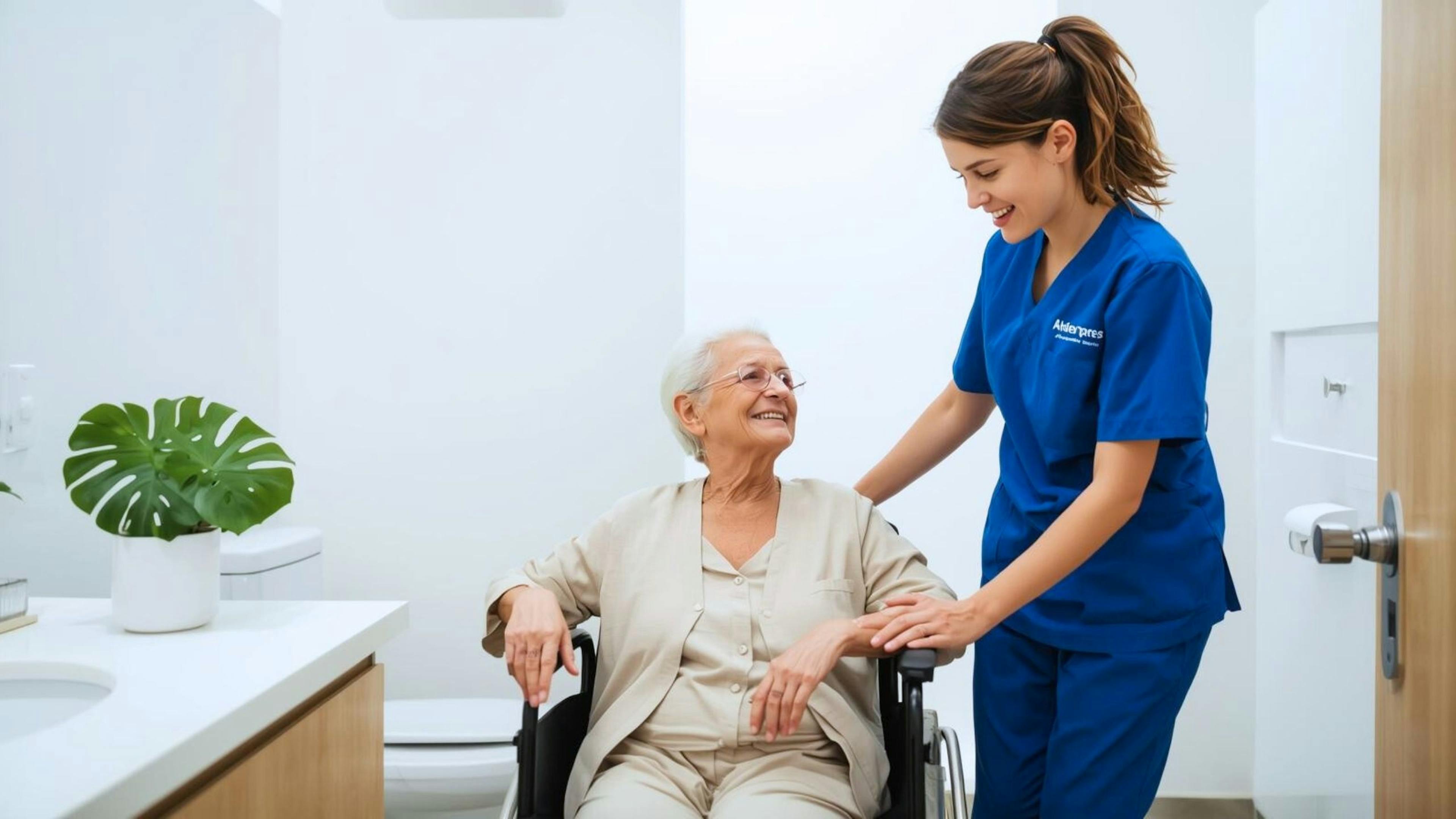 Aidante à domicile aidant une personne âgée en fauteuil roulant à aller à la toilette, portant une culotte d’incontinence, avec respect et bienveillance.