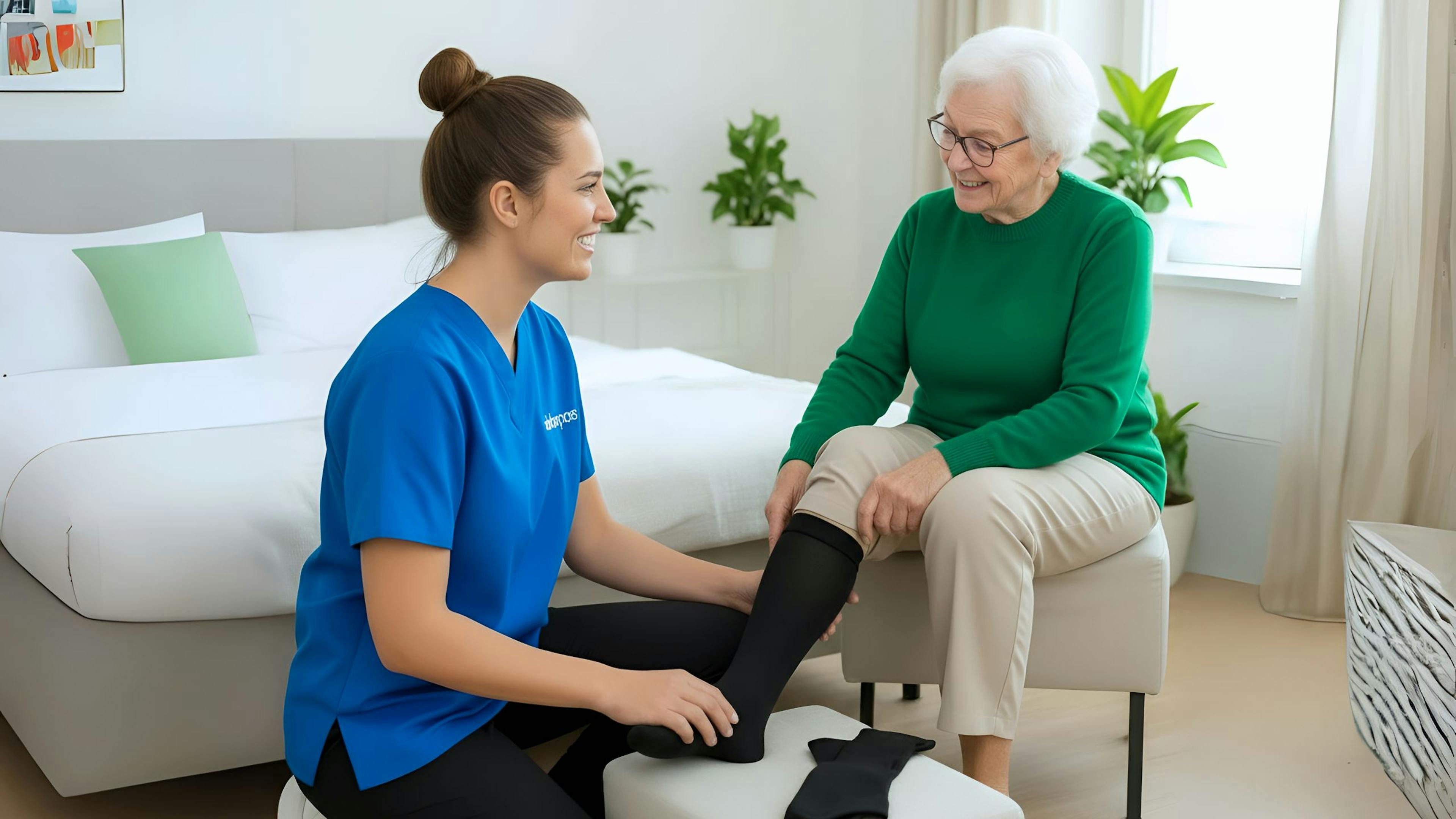 Aidante Aidexpress aidant une femme âgée à mettre ses bas de compression, avec respect et bienveillance.