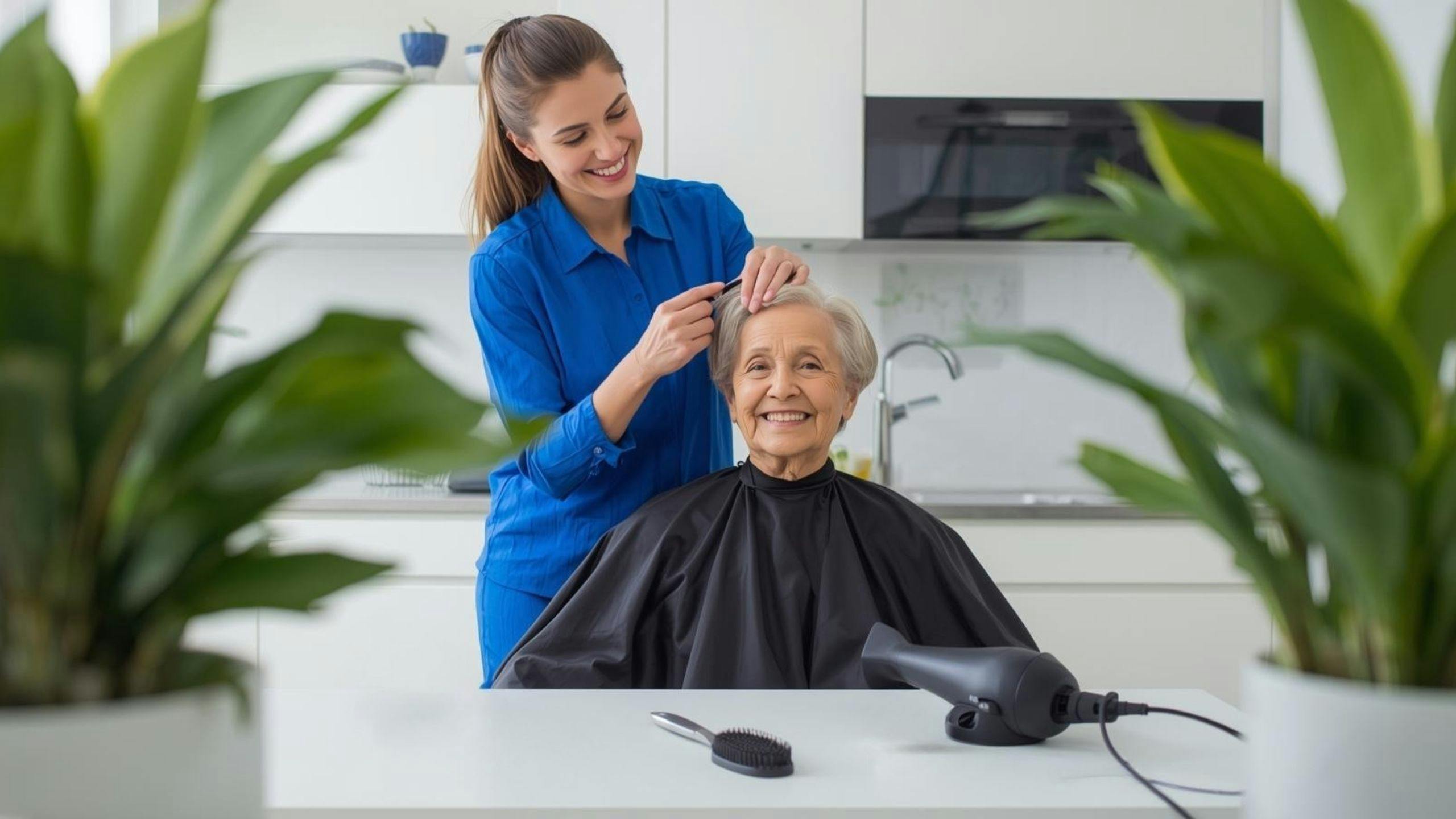 Coiffeuse professionnelle d’Aidexpress coupant les cheveux d’une personne âgée à domicile, pour préserver son image, sa confiance et son bien-être sans avoir à se déplacer.