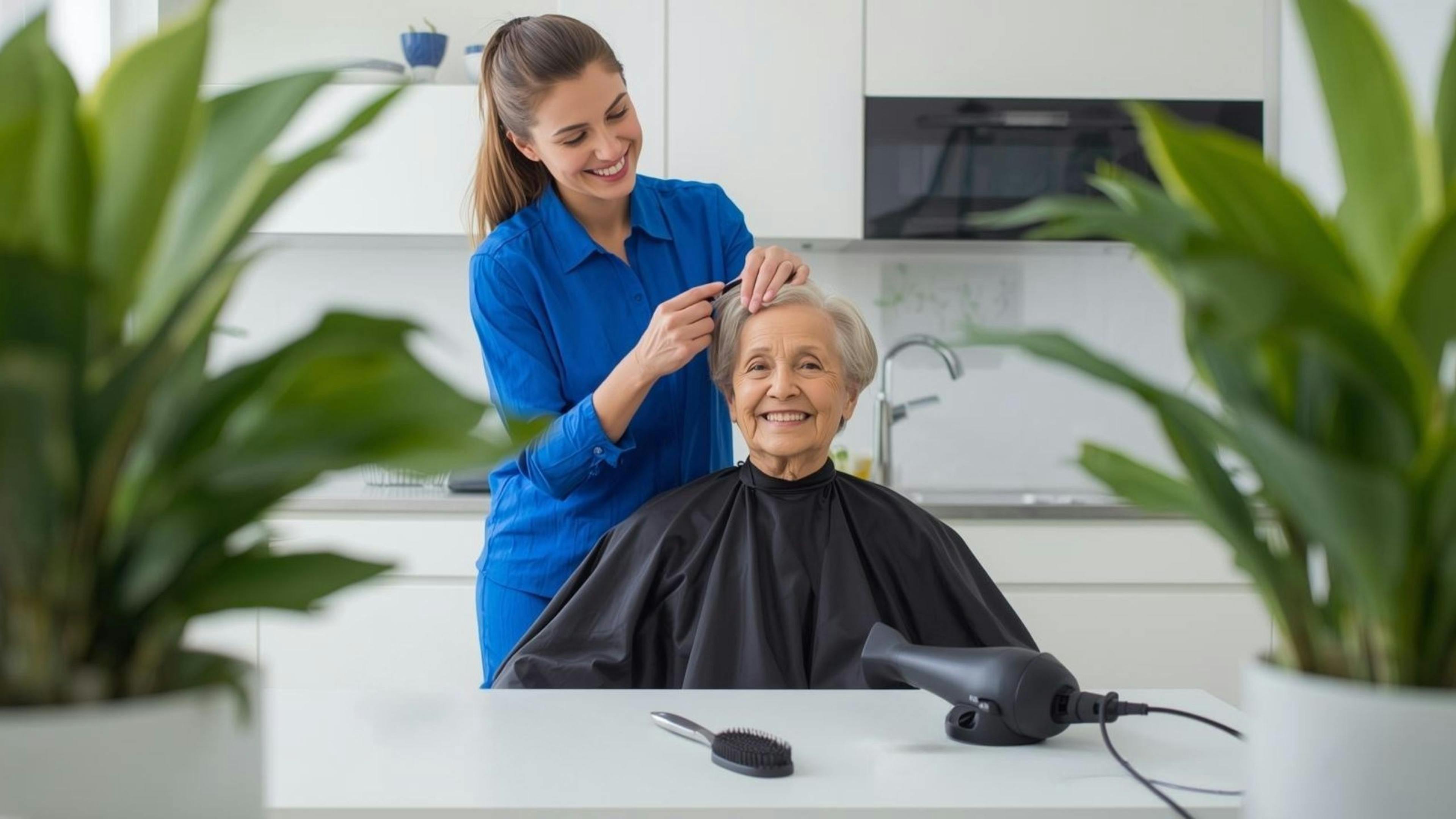 Coiffeuse professionnelle d’Aidexpress coupant les cheveux d’une personne âgée à domicile, pour préserver son image, sa confiance et son bien-être sans avoir à se déplacer.