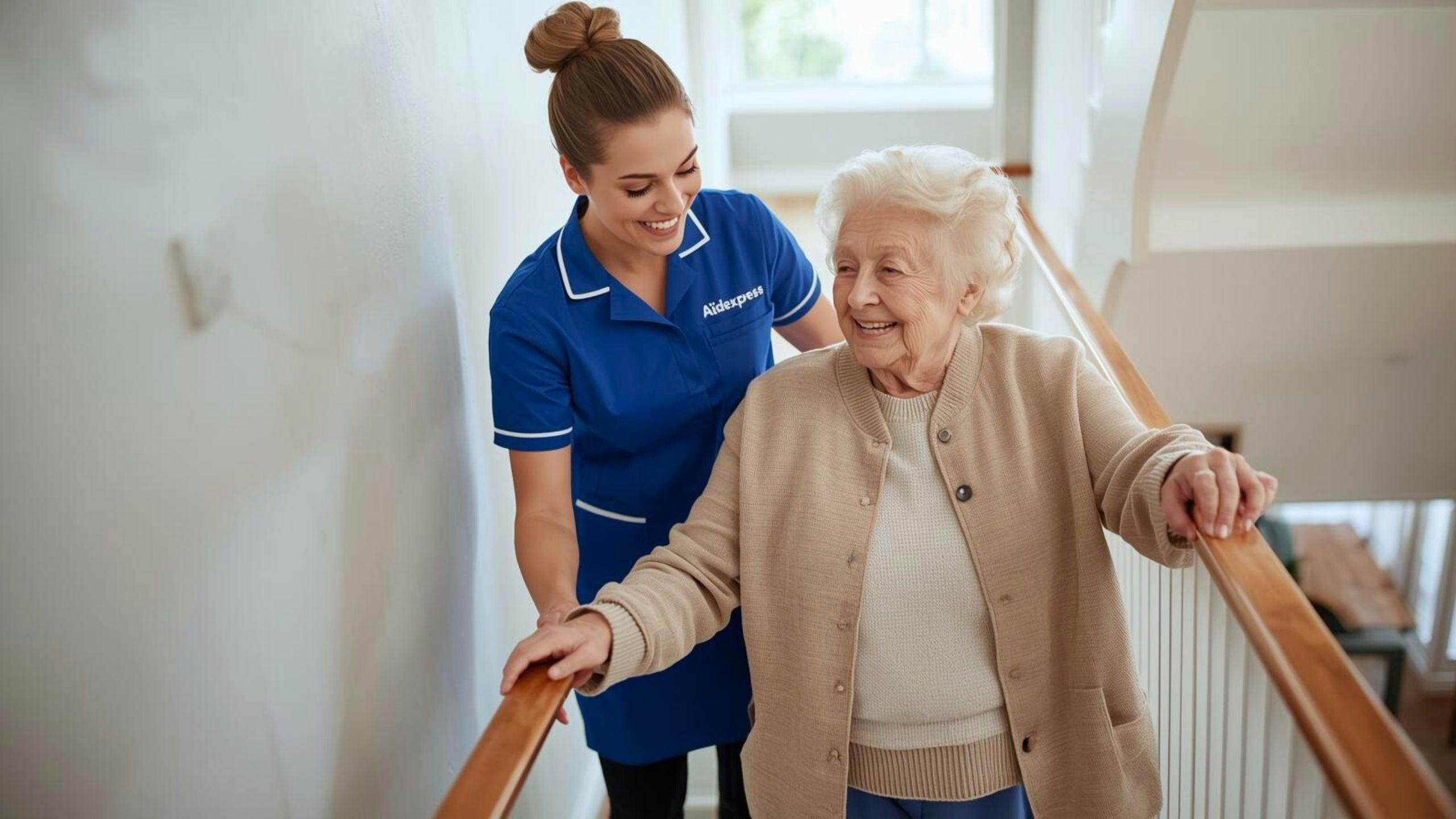Soins à domicile : une préposée aide une personne âgée à descendre l’escalier avec bienveillance.