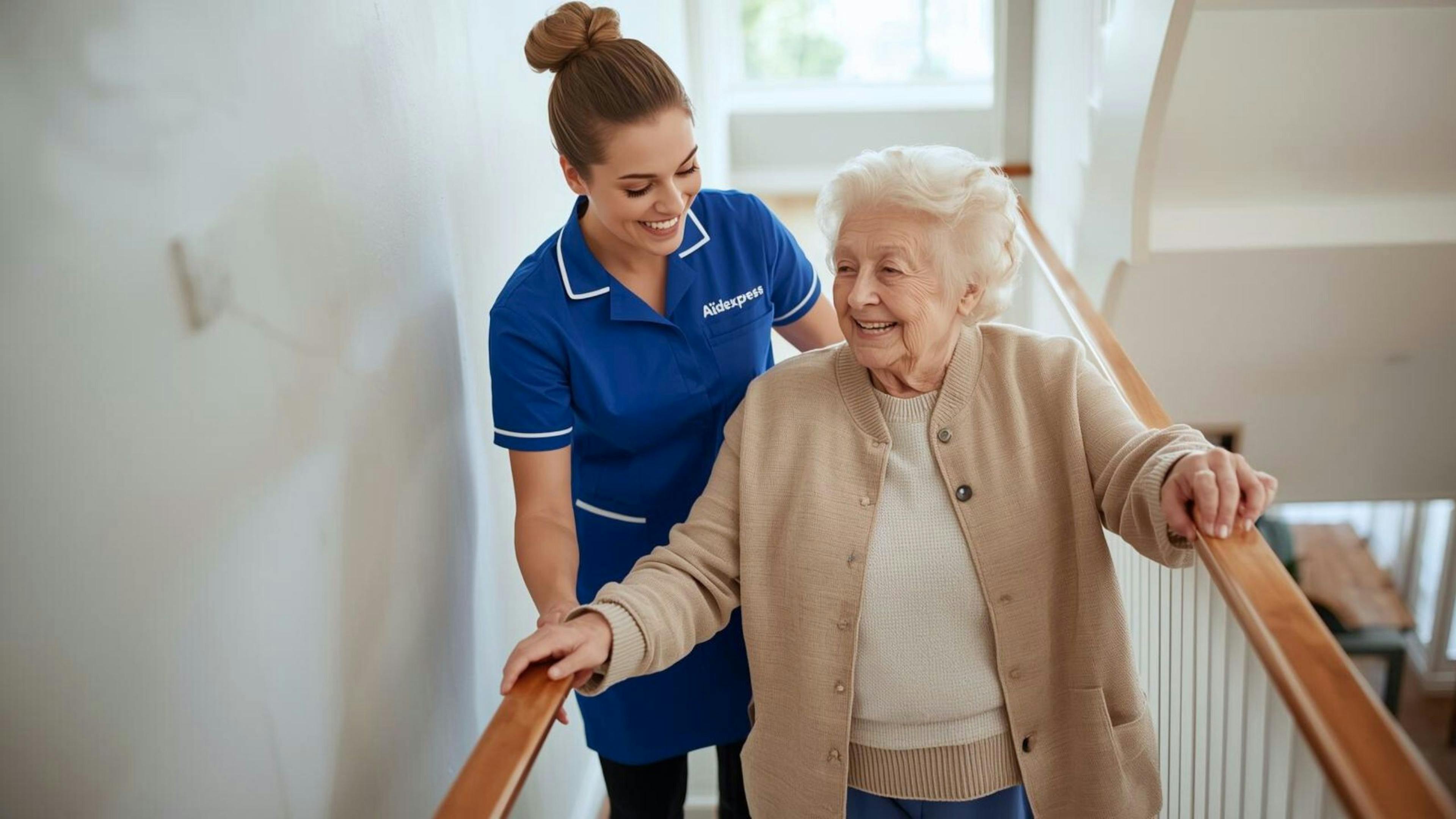 Soins à domicile : une préposée aide une personne âgée à descendre l’escalier avec bienveillance.