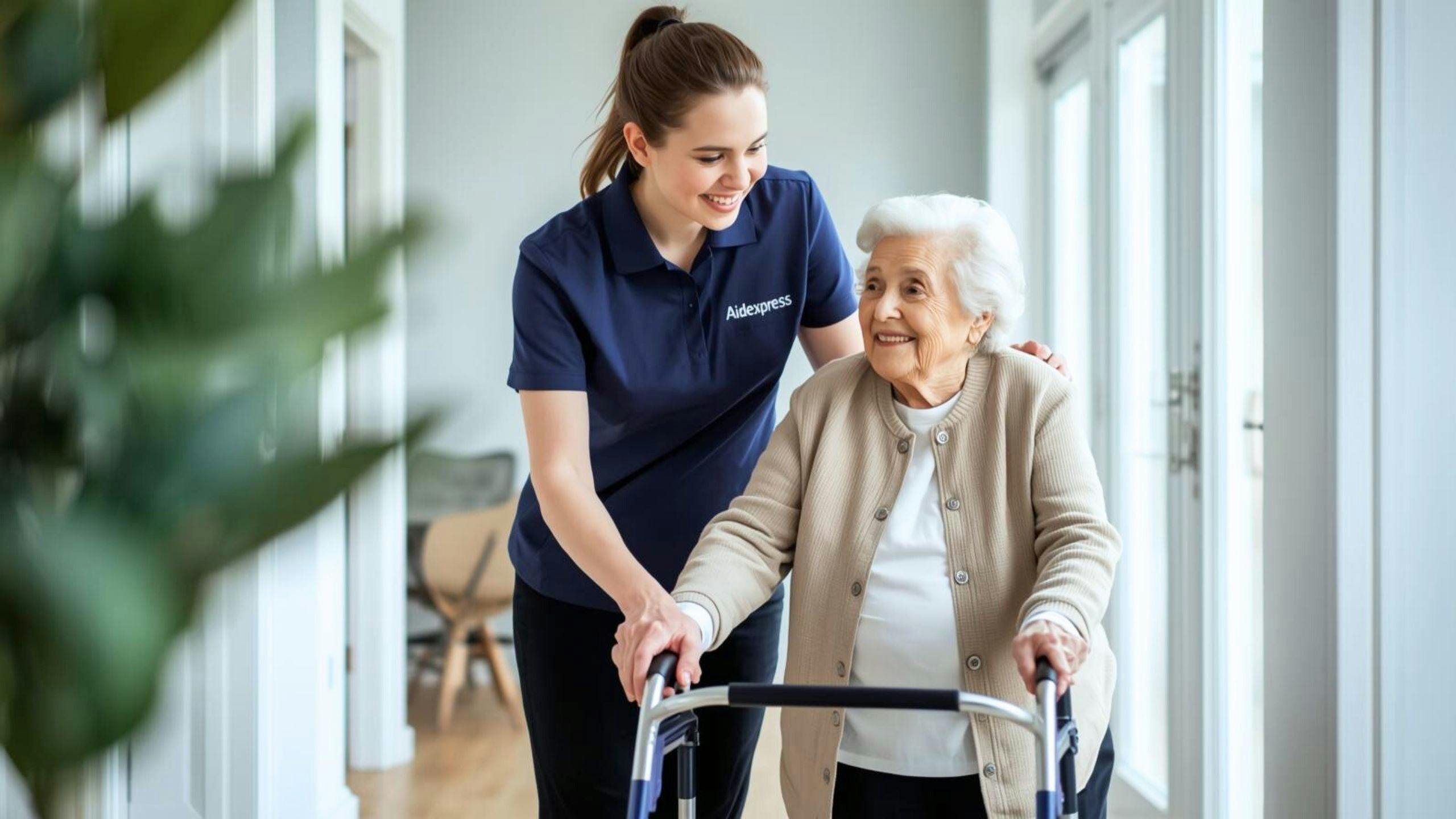 Une préposée Aidexpress accompagne avec bienveillance une personne âgée utilisant un déambulateur, illustrant les soins à domicile et l’aide aux aînés.