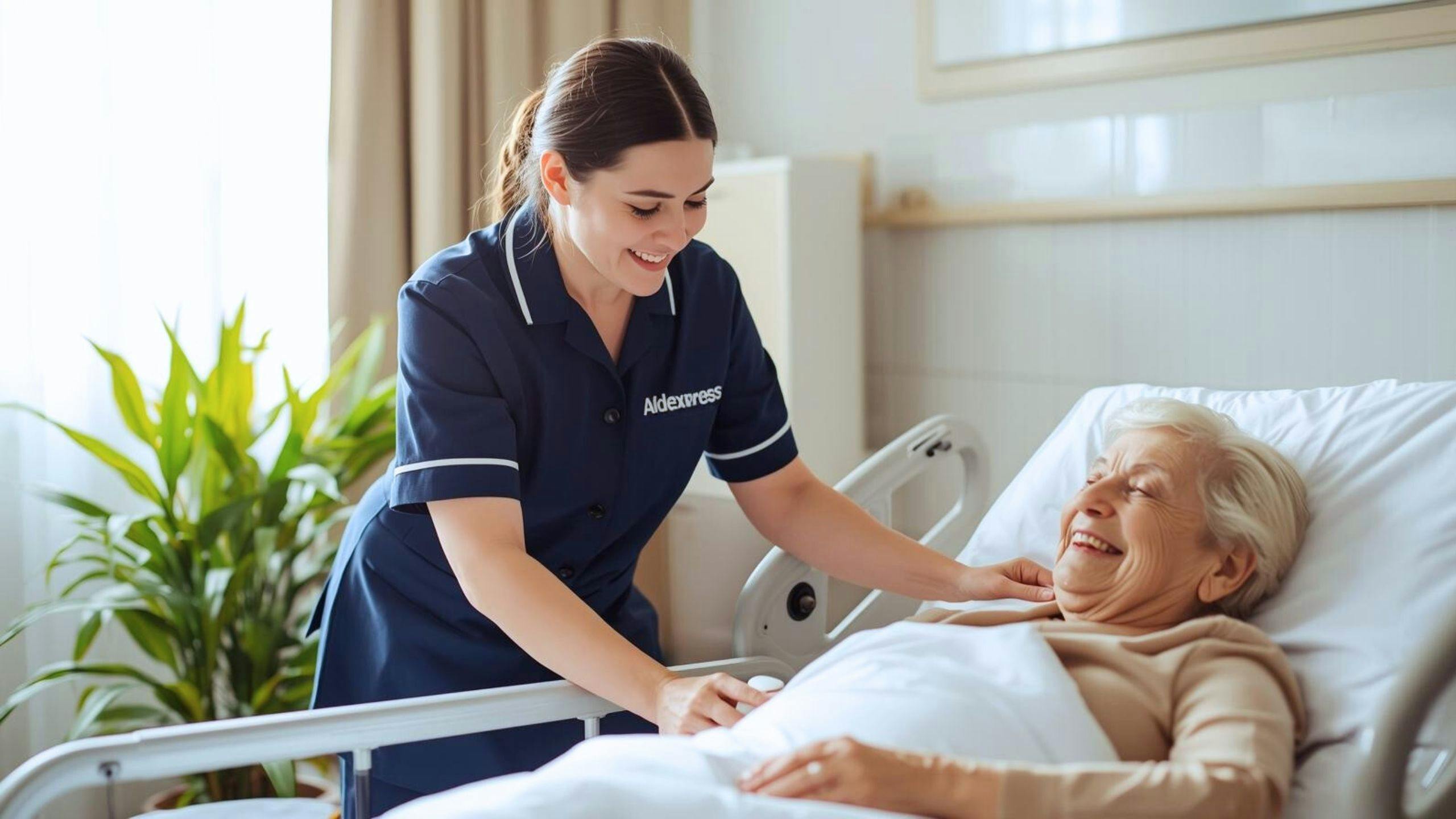 Une préposée Aidexpress en soins à domicile aide une femme âgée à ajuster son lit médical, illustrant le soutien aux aînés et l’utilisation d’équipements adaptés.