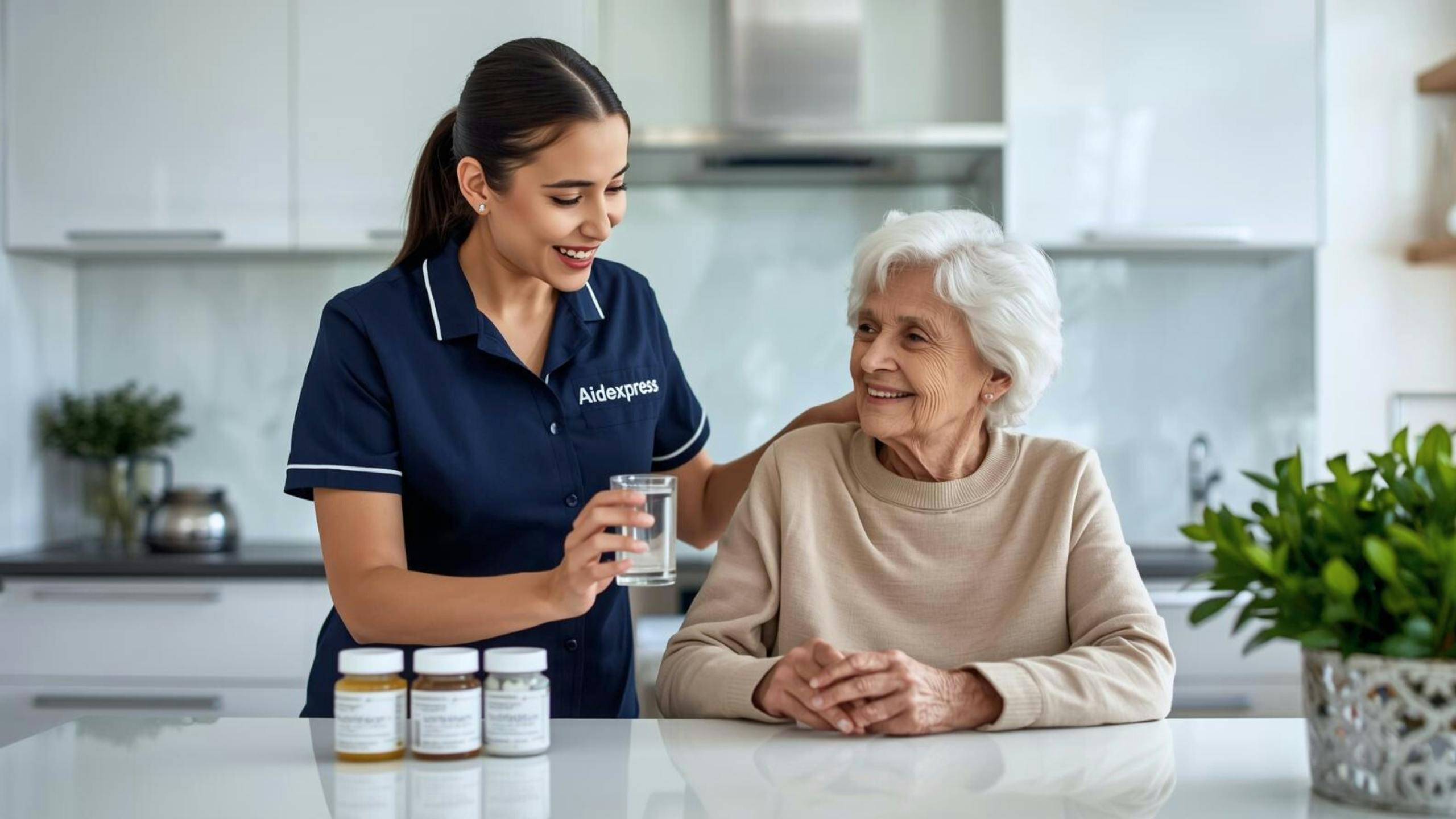 Une préposée Aidexpress en soins à domicile aide une femme âgée à prendre ses médicaments, illustrant le soutien aux aînés et la sécurité de la médication à domicile.