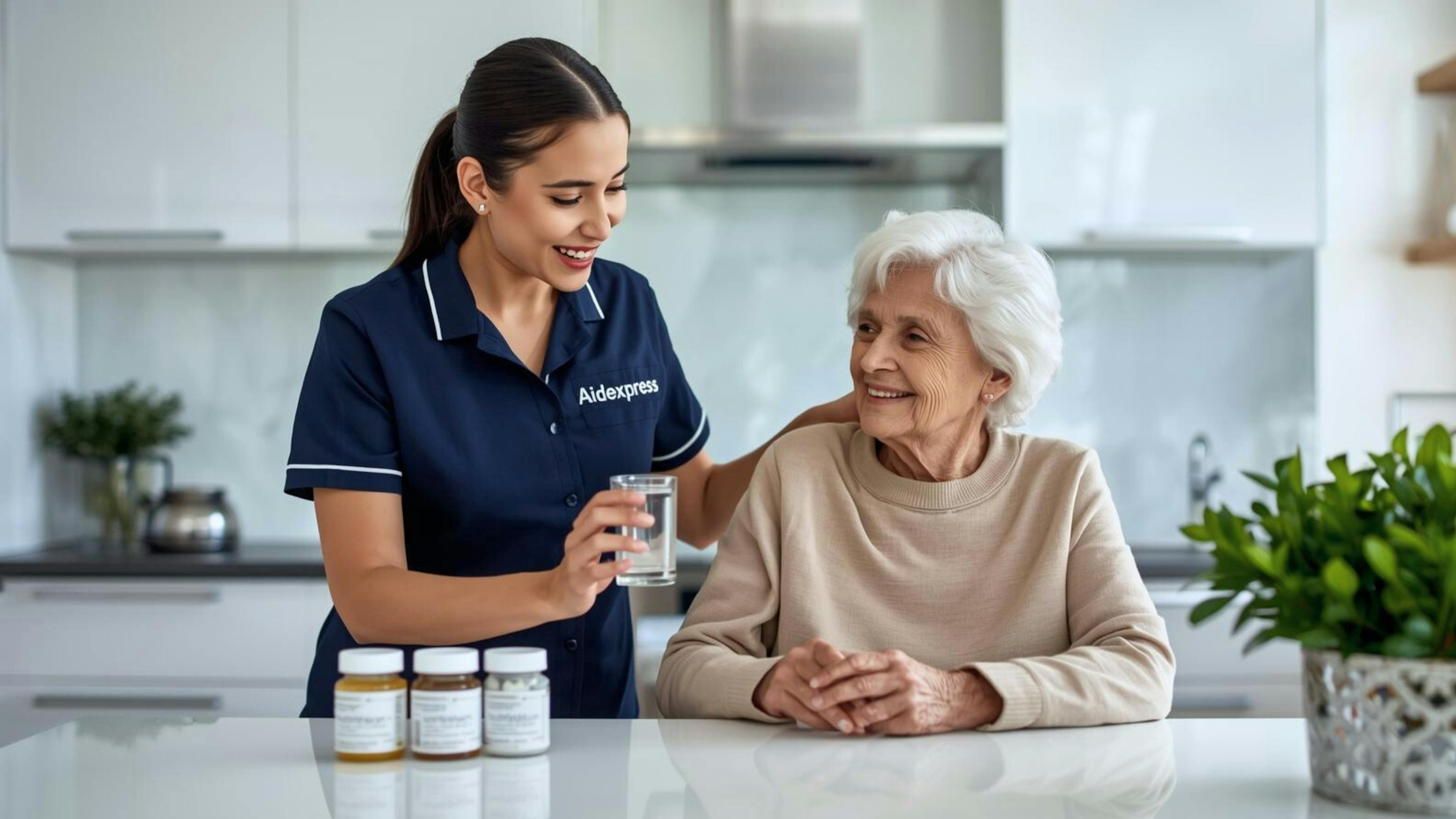 Une préposée Aidexpress en soins à domicile aide une femme âgée à prendre ses médicaments, illustrant le soutien aux aînés et la sécurité de la médication à domicile.