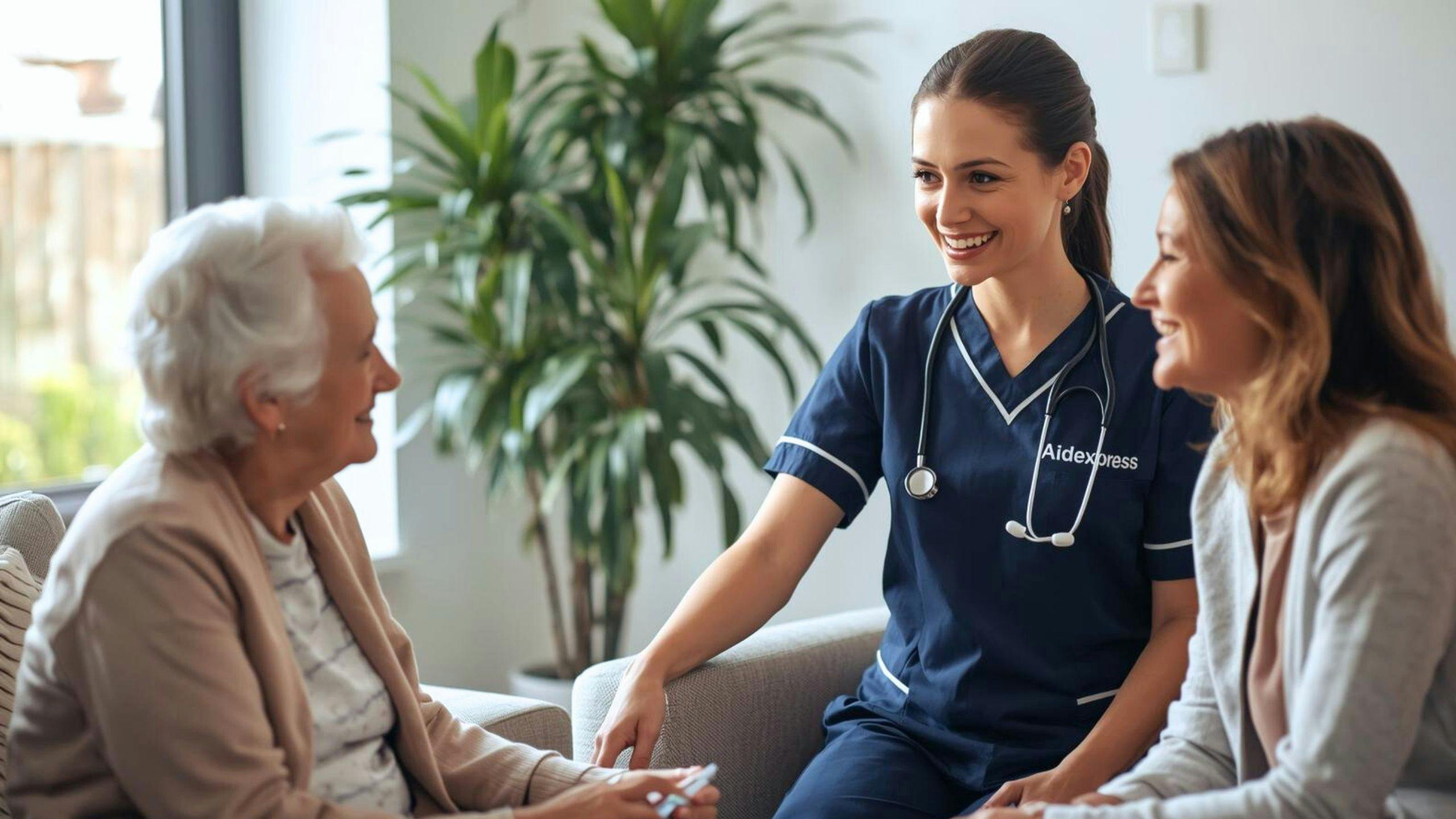 Infirmière auxiliaire à domicile Aidexpress discute avec une dame âgée et sa fille, illustrant l’accompagnement familial et les soins infirmiers à la maison.