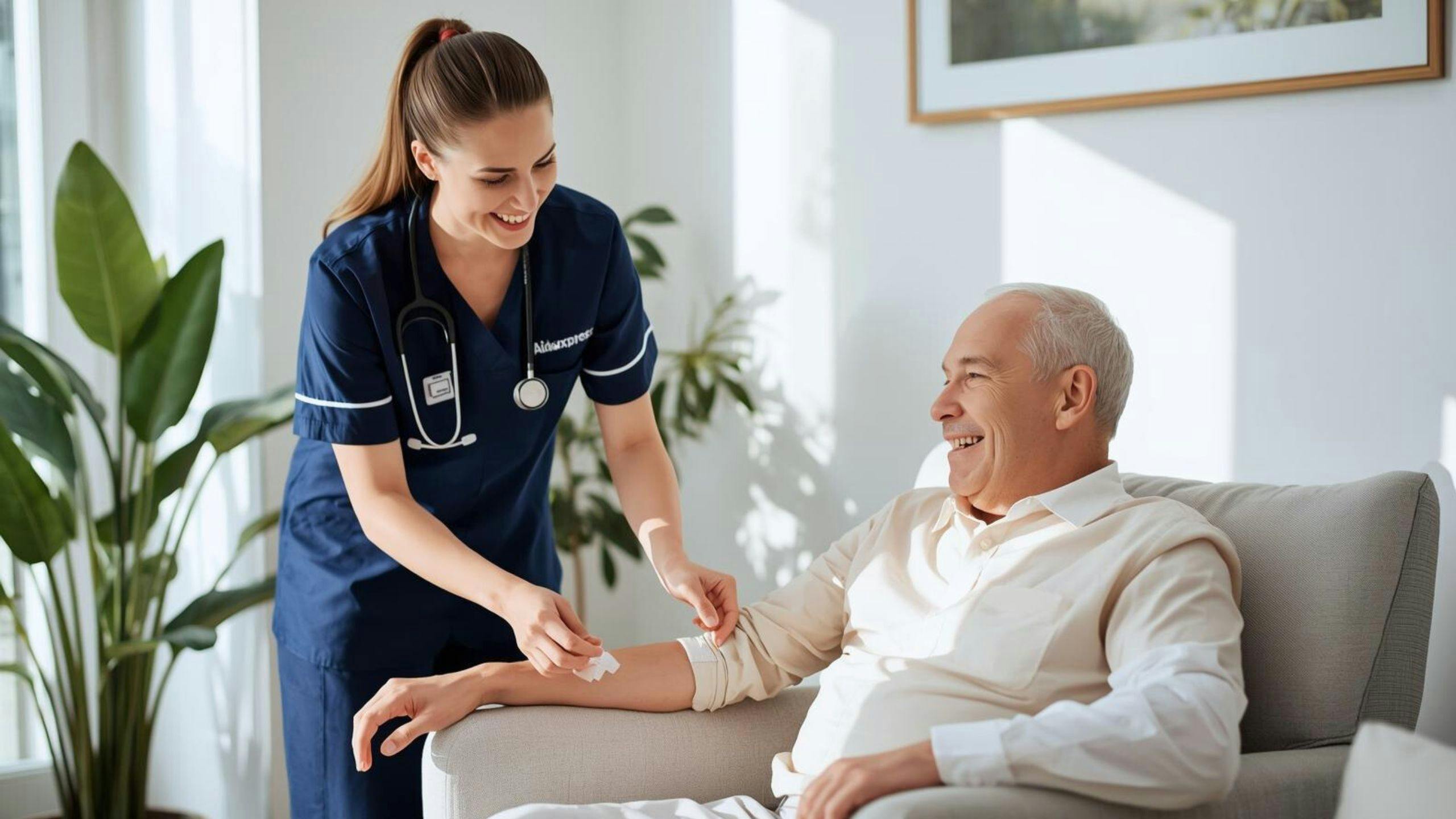 Infirmière auxiliaire à domicile Aidexpress change un pansement sur le bras d’une personne âgée, illustrant les soins de plaies et le suivi infirmier à la maison.