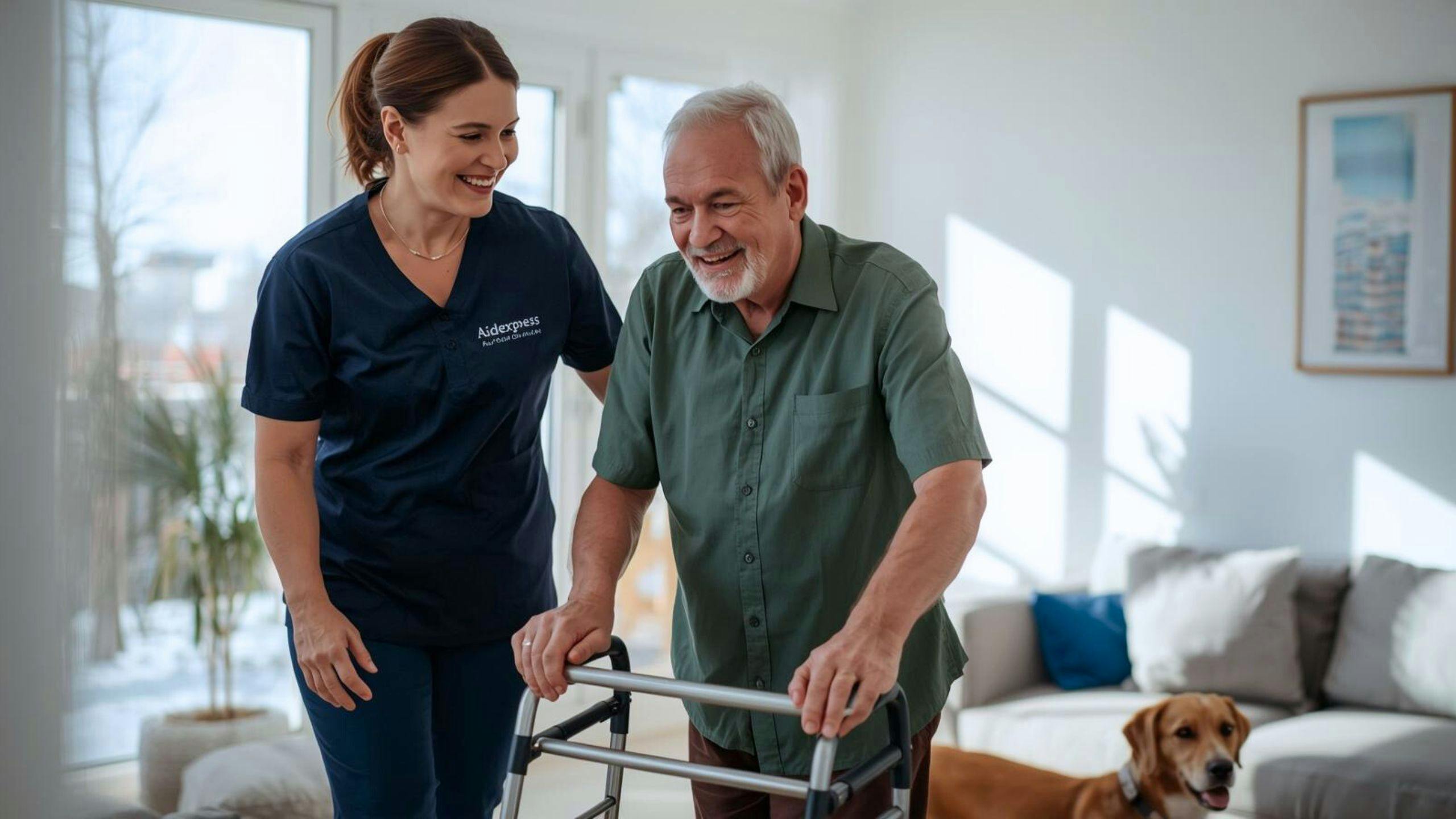 Ergothérapeute à domicile Aidexpress aide un homme âgé à marcher avec son déambulateur, illustrant l’adaptation fonctionnelle et le soutien à l’autonomie des aînés.