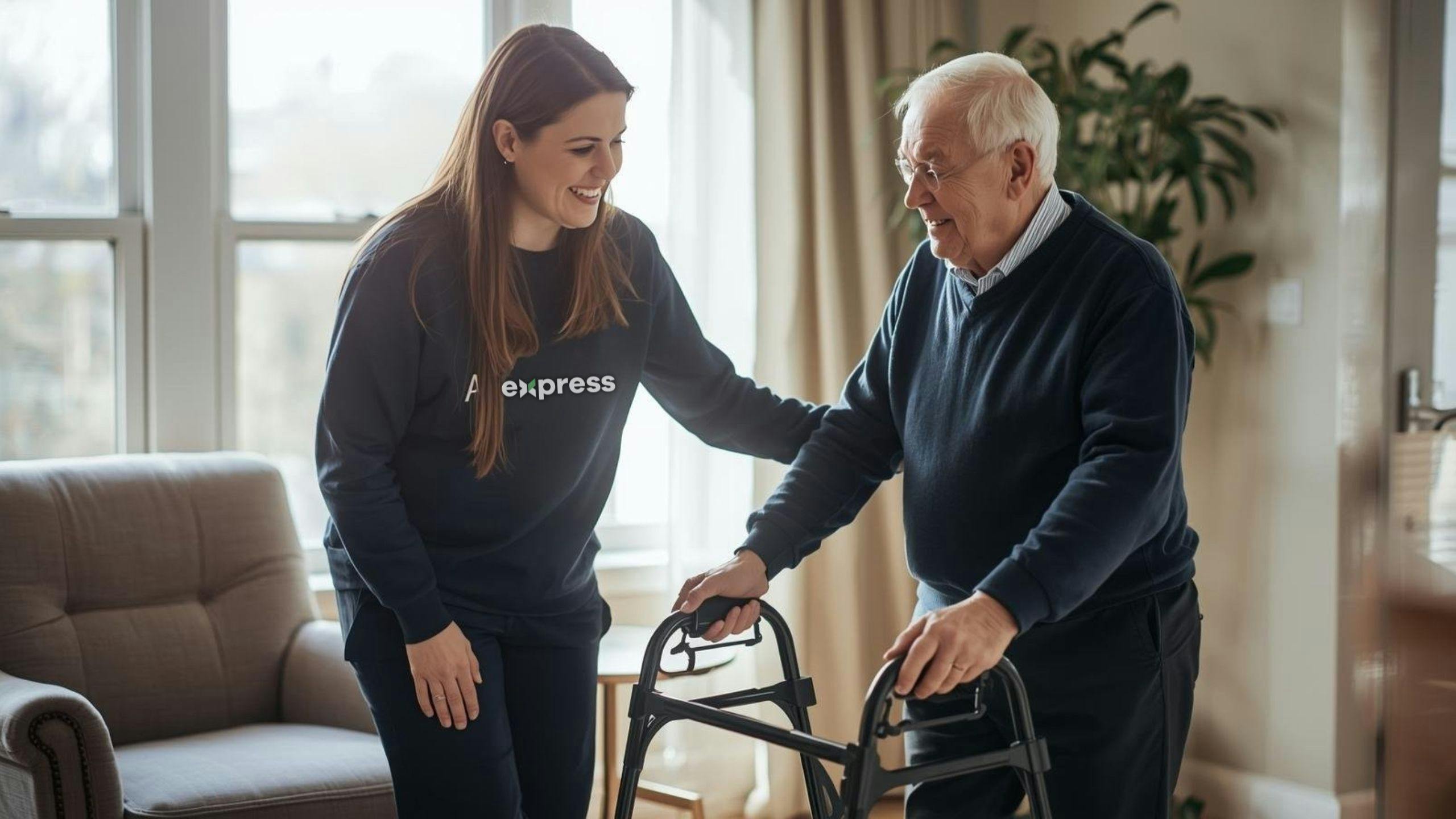 Ergothérapeute à domicile Aidexpress aide un homme âgé à marcher avec son déambulateur, illustrant l’adaptation fonctionnelle et le soutien à l’autonomie des aînés.