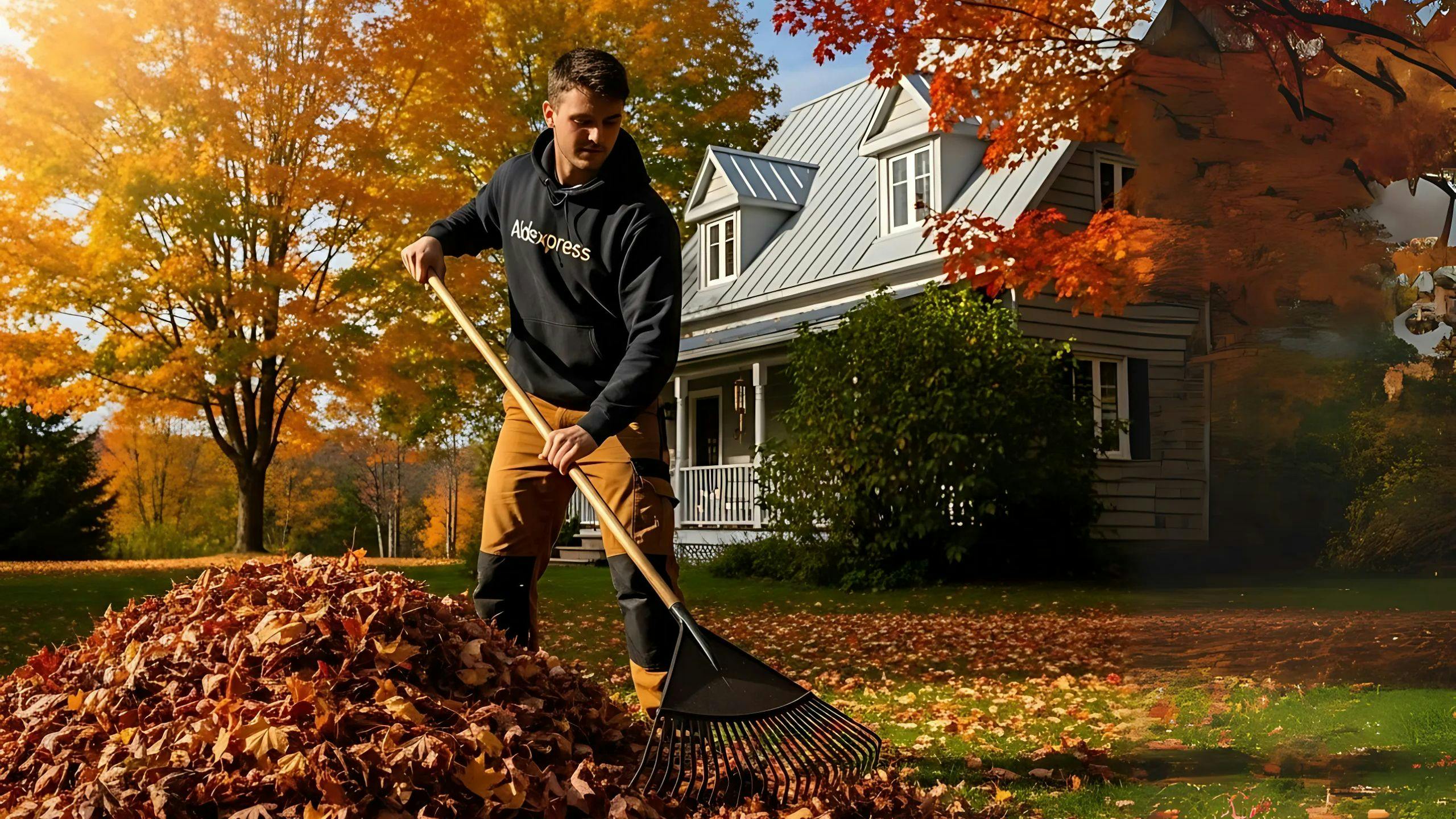 un homme à tout faire d'aidexpress qui racle les feuilles à l'automne au Québec au domicile d'une personne âgée