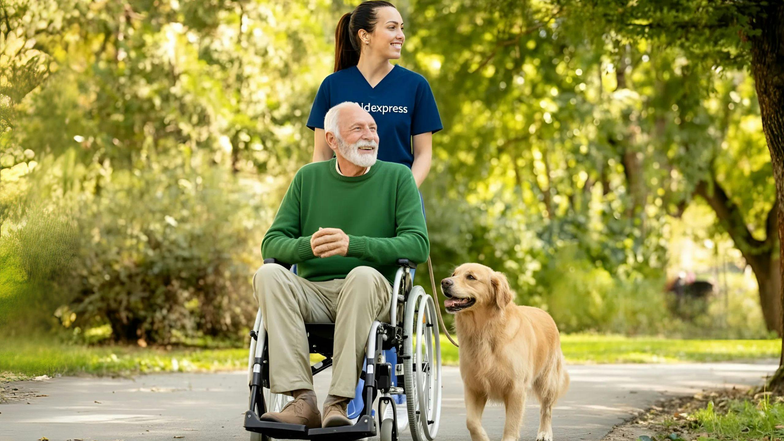 Personne en chaise roulante aidée par un aidant d'Aidexpress dans un environnement chaleureux et sécuritaire.