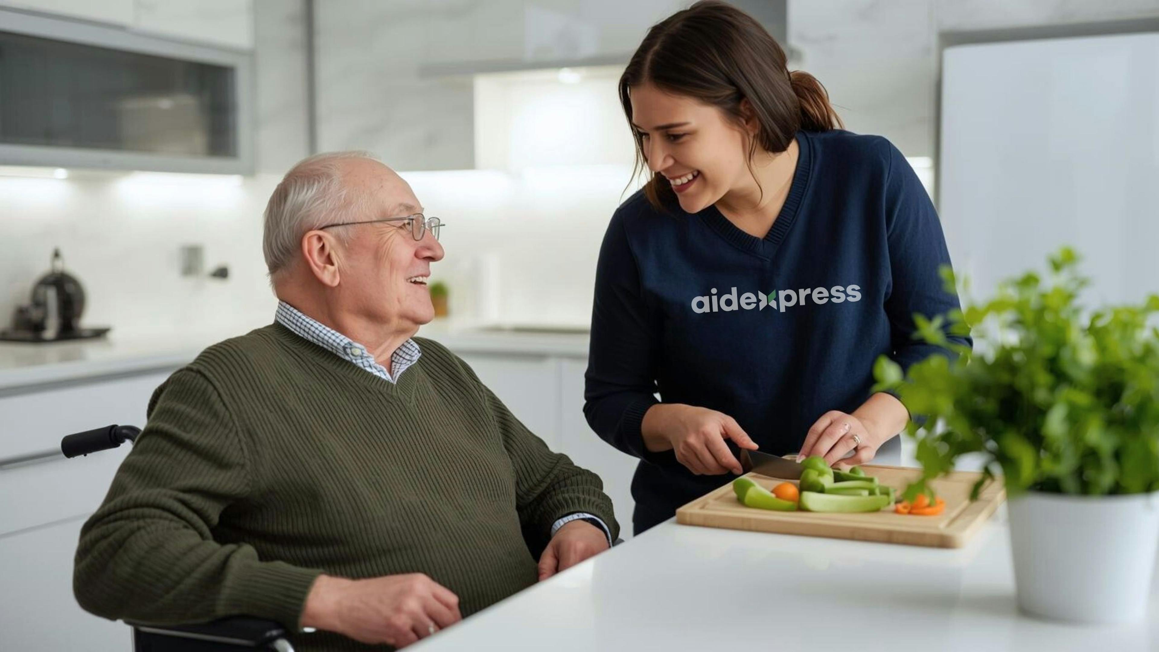 Vétéran de l'Armée canadienne souriant recevant de l'aide personnalisé à domicile.