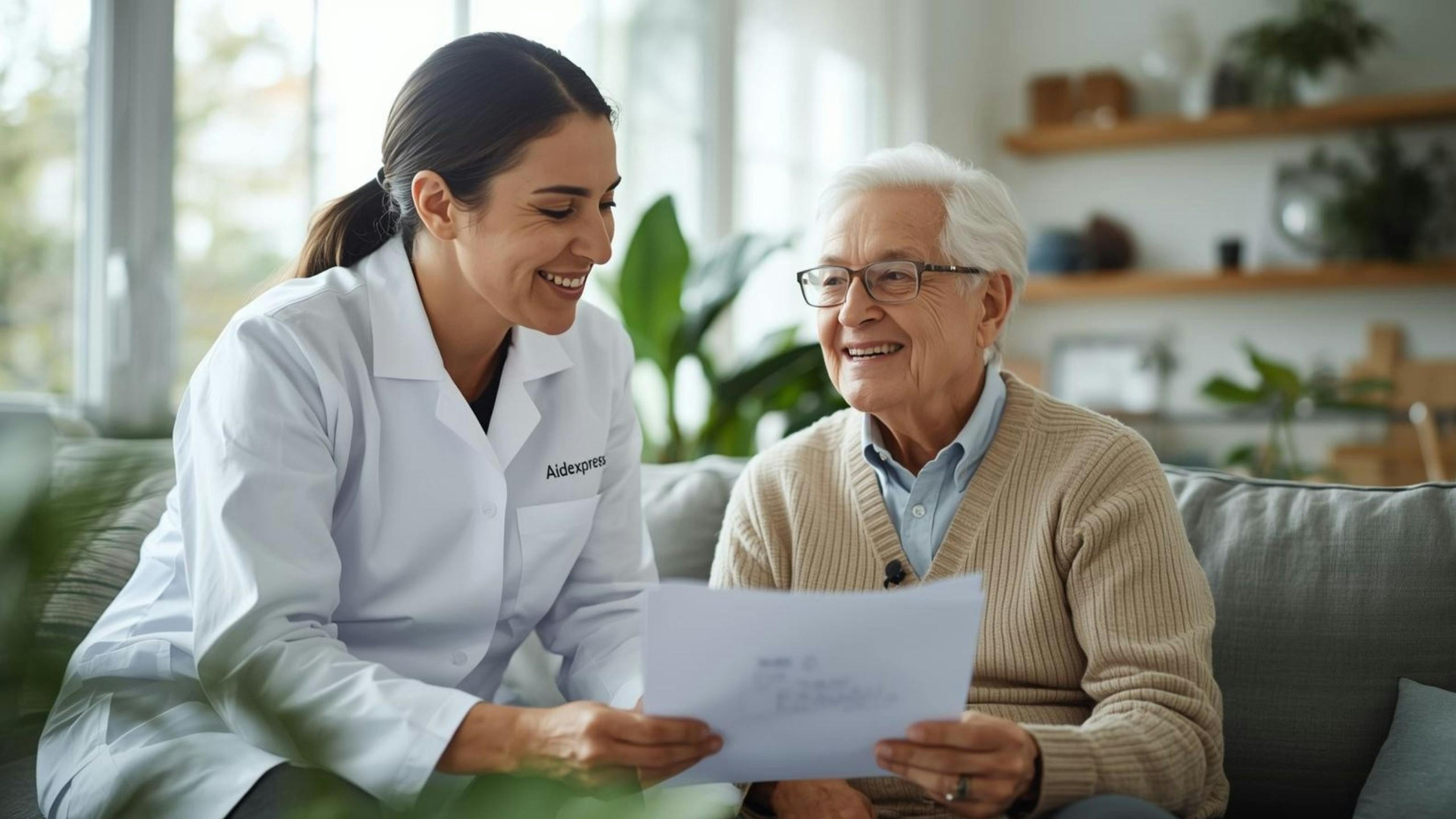 Homéopathe échangeant avec un patient âgé à propos d’un plan de traitement homéopathique, illustrant un emploi humain et attentif chez Aidexpress.
