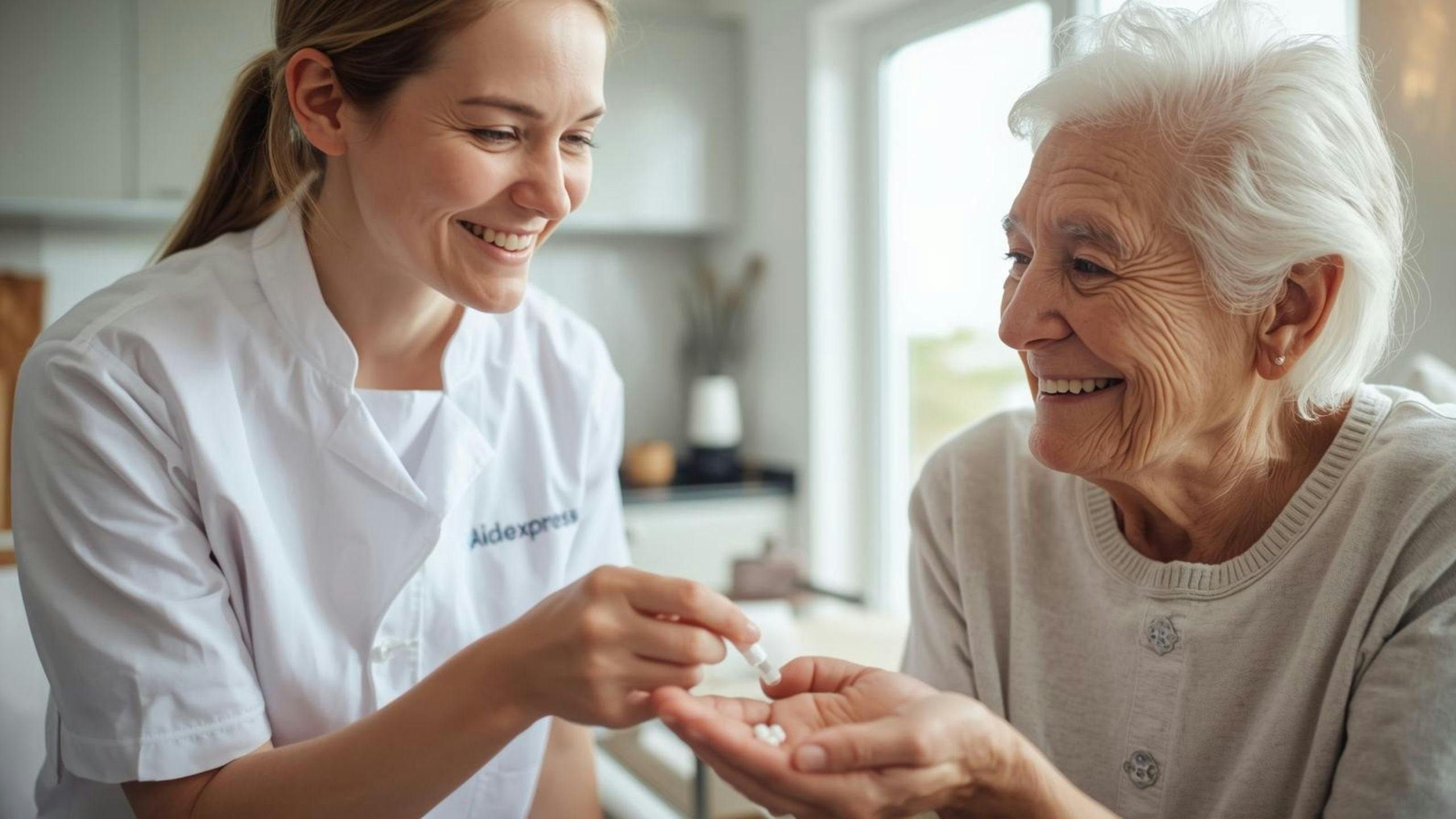 Homéopathe remettant des granules homéopathiques à une patiente âgée, illustrant un emploi en santé naturelle et bienveillante chez Aidexpress.