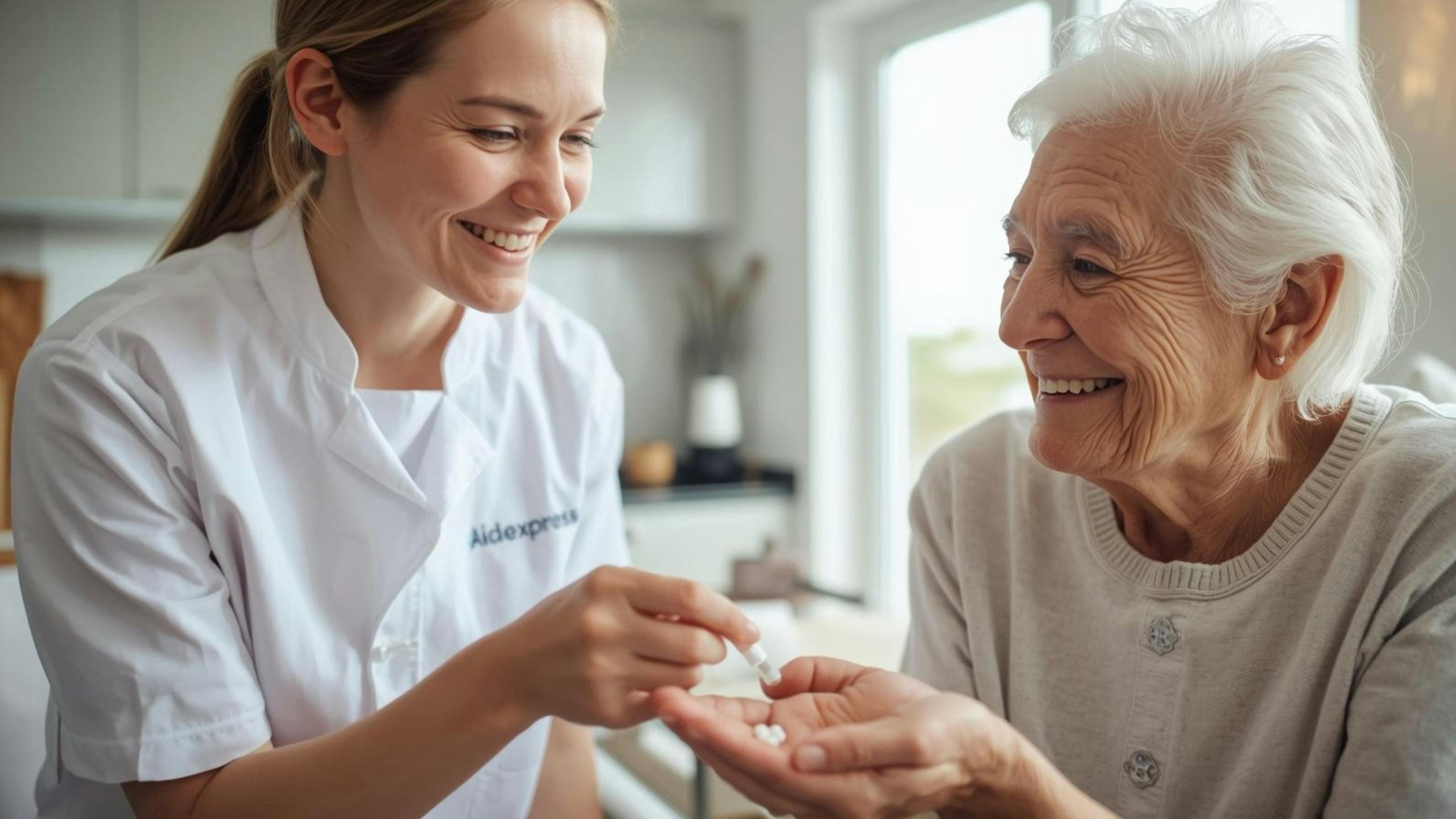 Homéopathe remettant des granules homéopathiques à une patiente âgée, illustrant un emploi en santé naturelle et bienveillante chez Aidexpress.