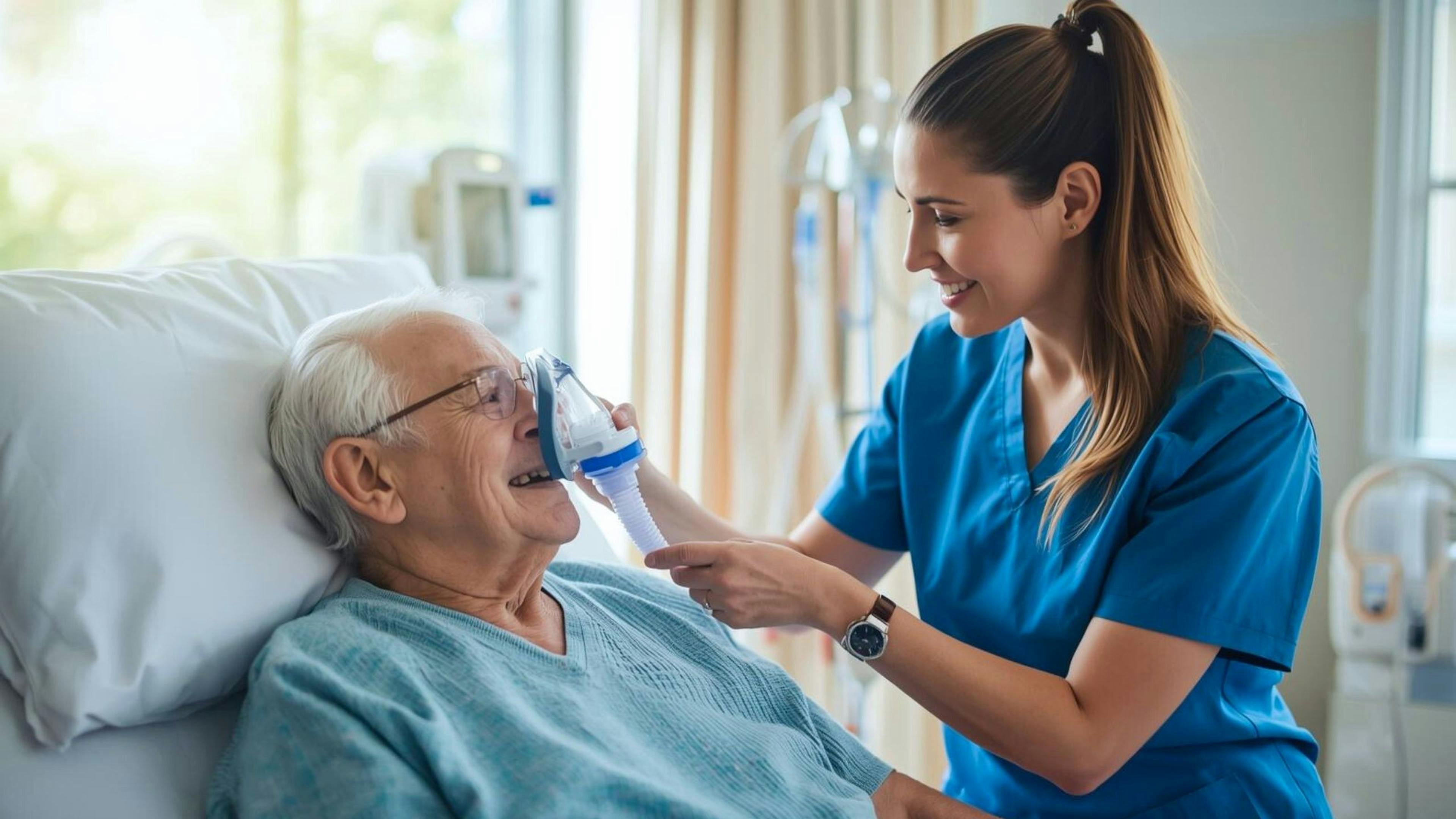 Inhalothérapeute ajustant un appareil à oxygène pour un homme âgé dans un centre hospitalier, illustrant un emploi en soins respiratoires chez Aidexpress.