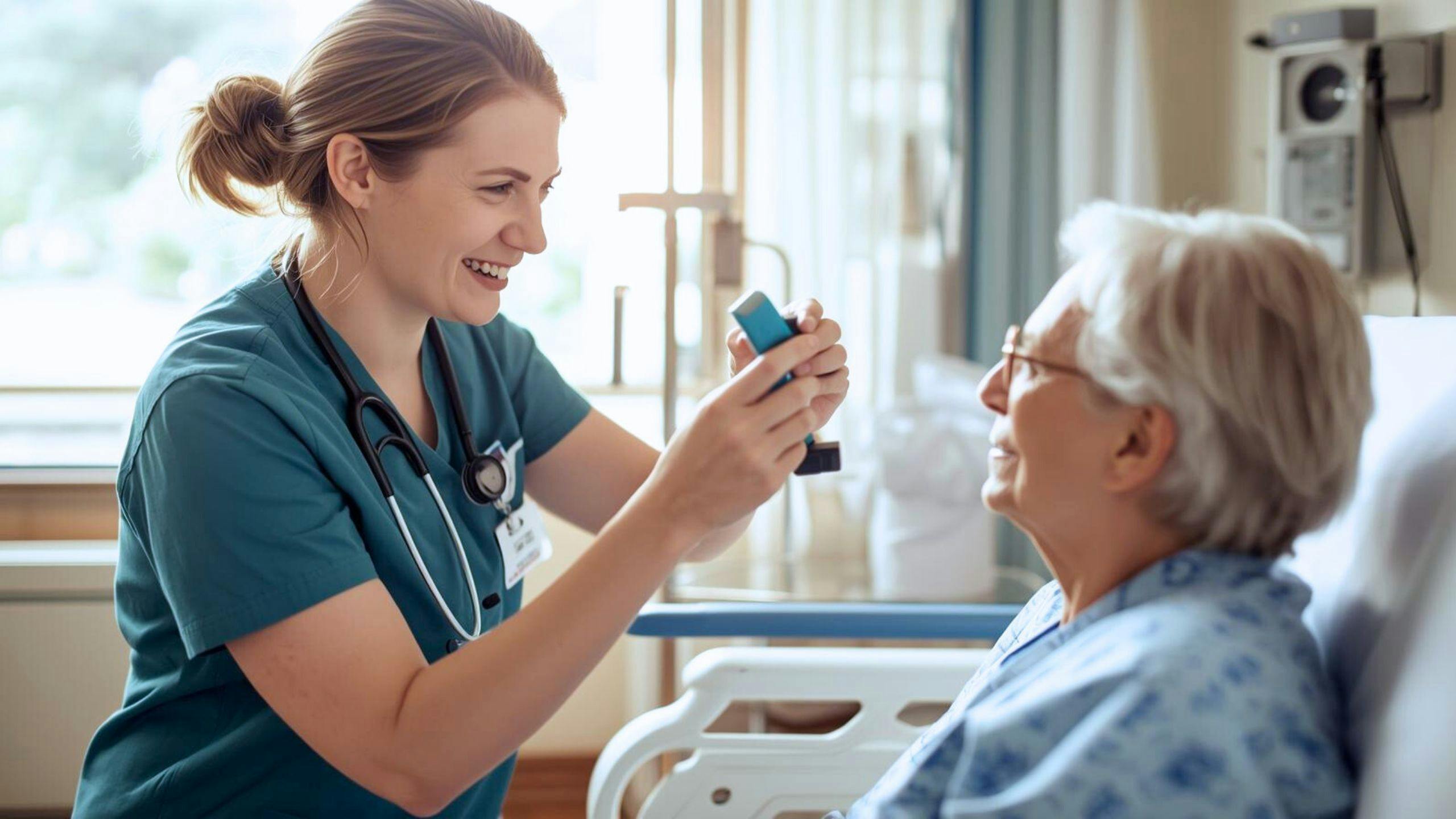 Inhalothérapeute remettant des pompes respiratoires à une bénéficiaire âgée, illustrant un emploi en soins respiratoires humains et professionnels chez Aidexpress.