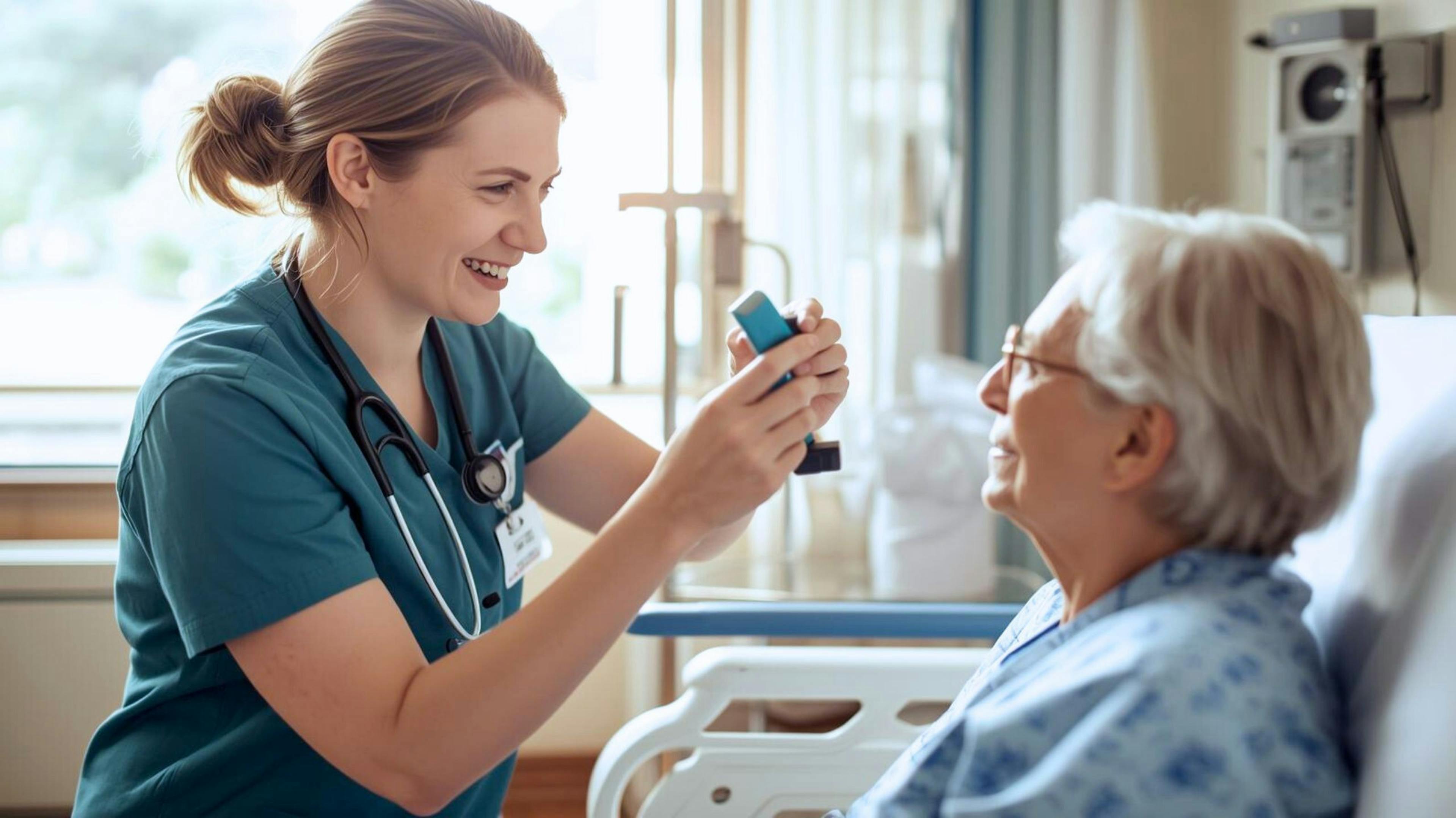 Inhalothérapeute remettant des pompes respiratoires à une bénéficiaire âgée, illustrant un emploi en soins respiratoires humains et professionnels chez Aidexpress.