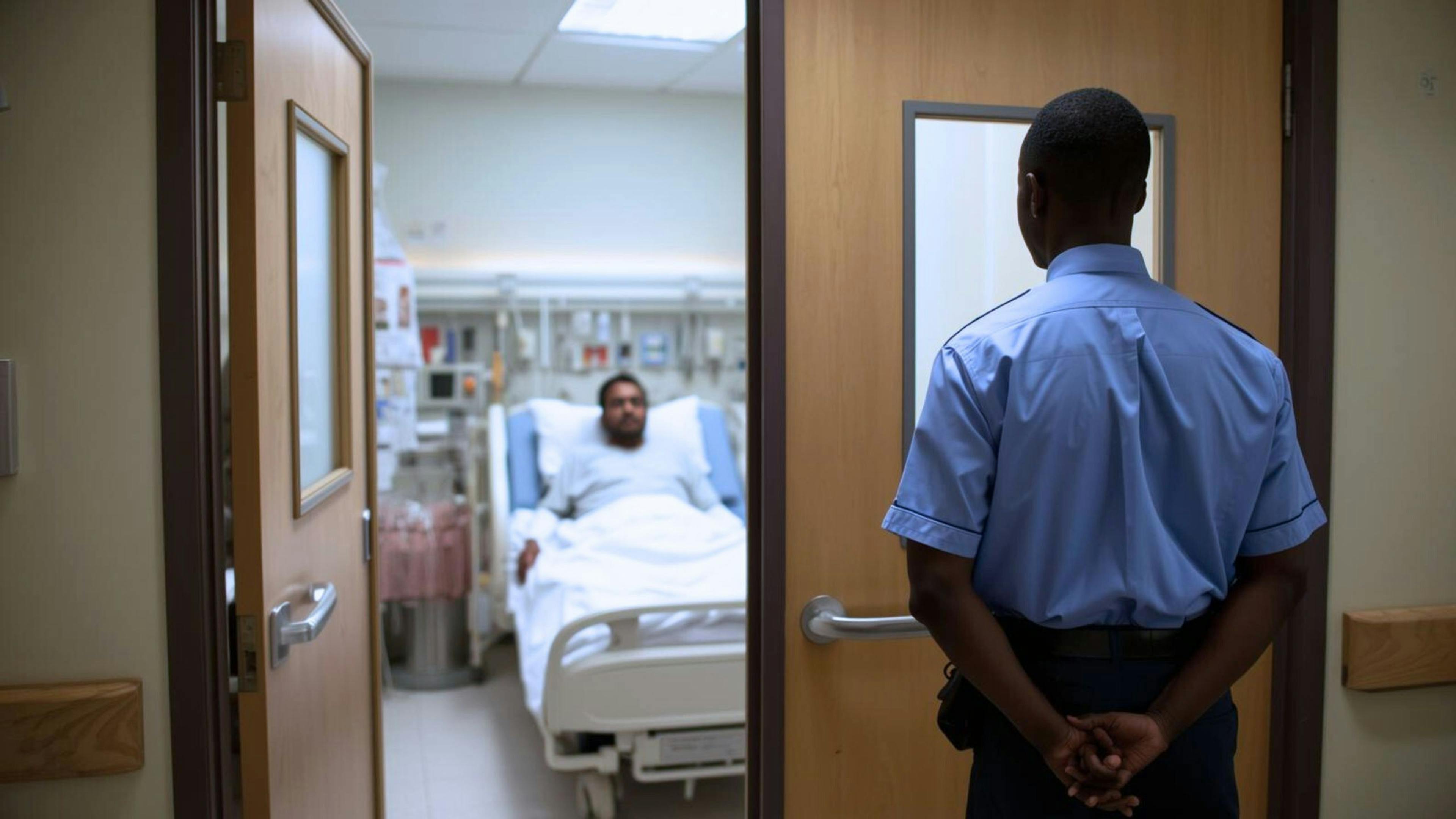 Intervenant spécialisé en pacification et en sécurité surveillant un patient dans un centre hospitalier, illustrant un emploi en intervention humaine et préventive chez Aidexpress.