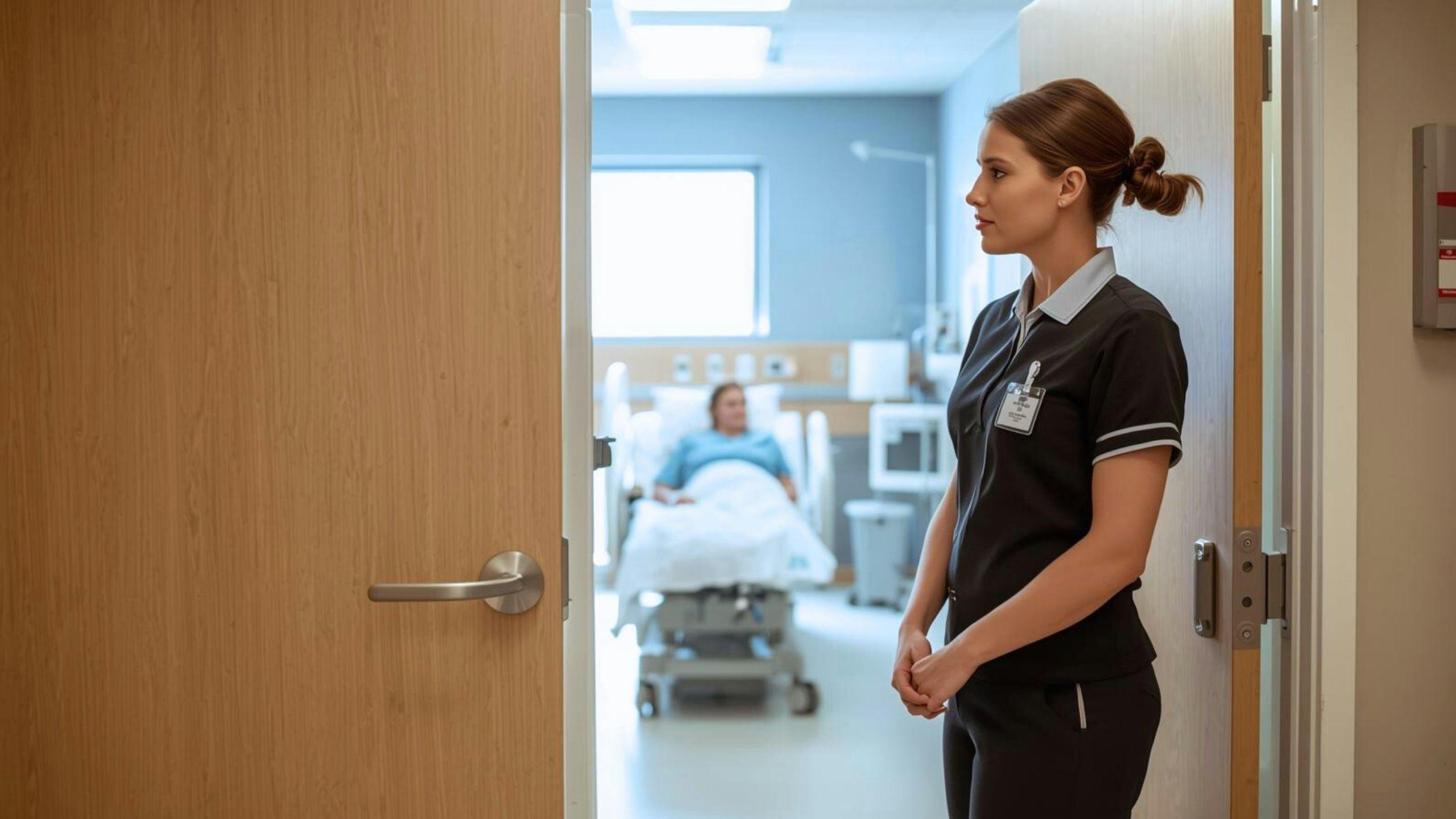 Intervenante spécialisée en pacification et en sécurité (ISPS) surveillant un bénéficiaire dans un centre hospitalier, illustrant un emploi en intervention calme, humaine et préventive chez Aidexpress.