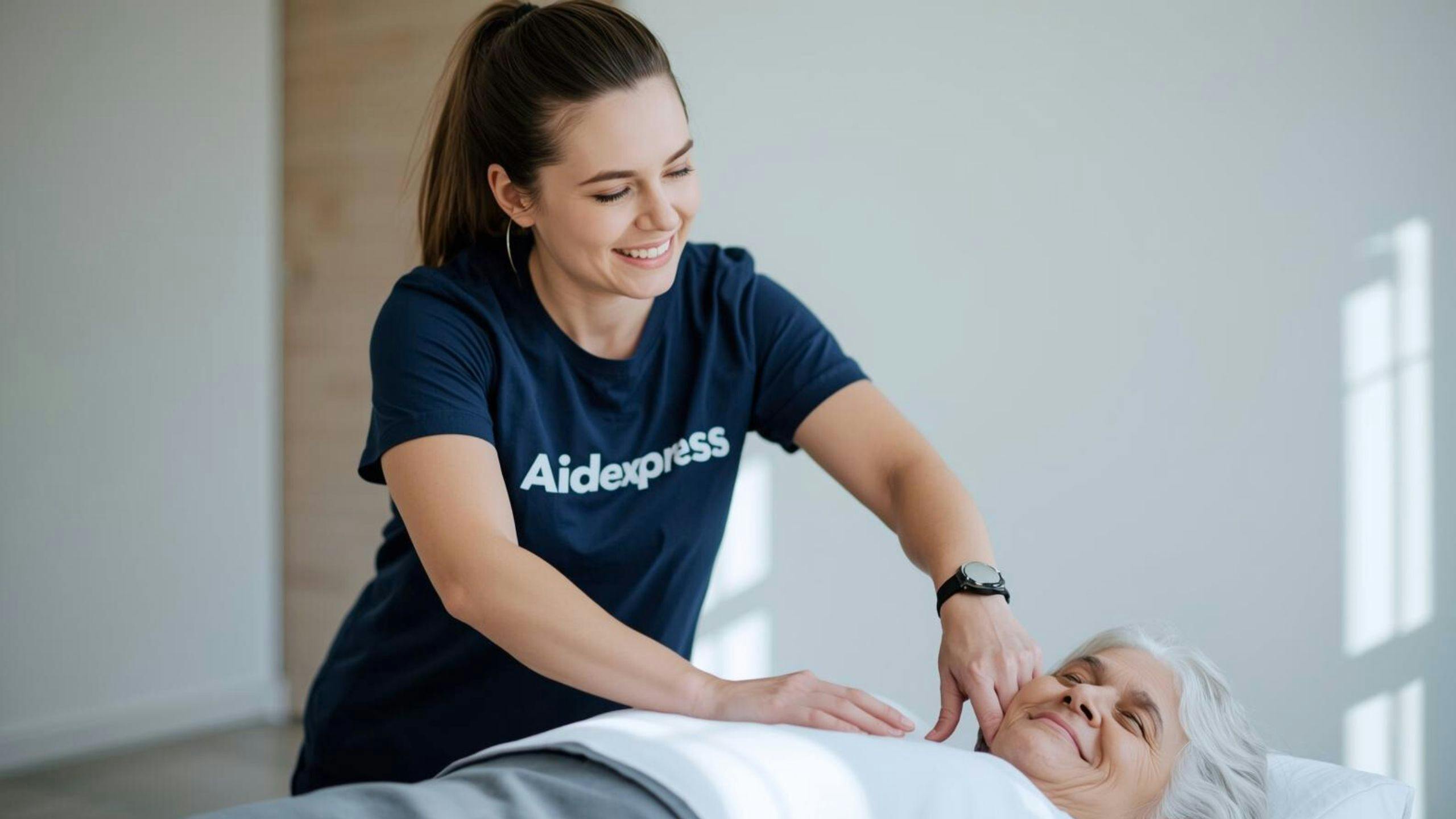 Massothérapeute prodiguant un massage relaxant à une personne âgée, illustrant un emploi en soins de mieux-être et de relaxation chez Aidexpress.