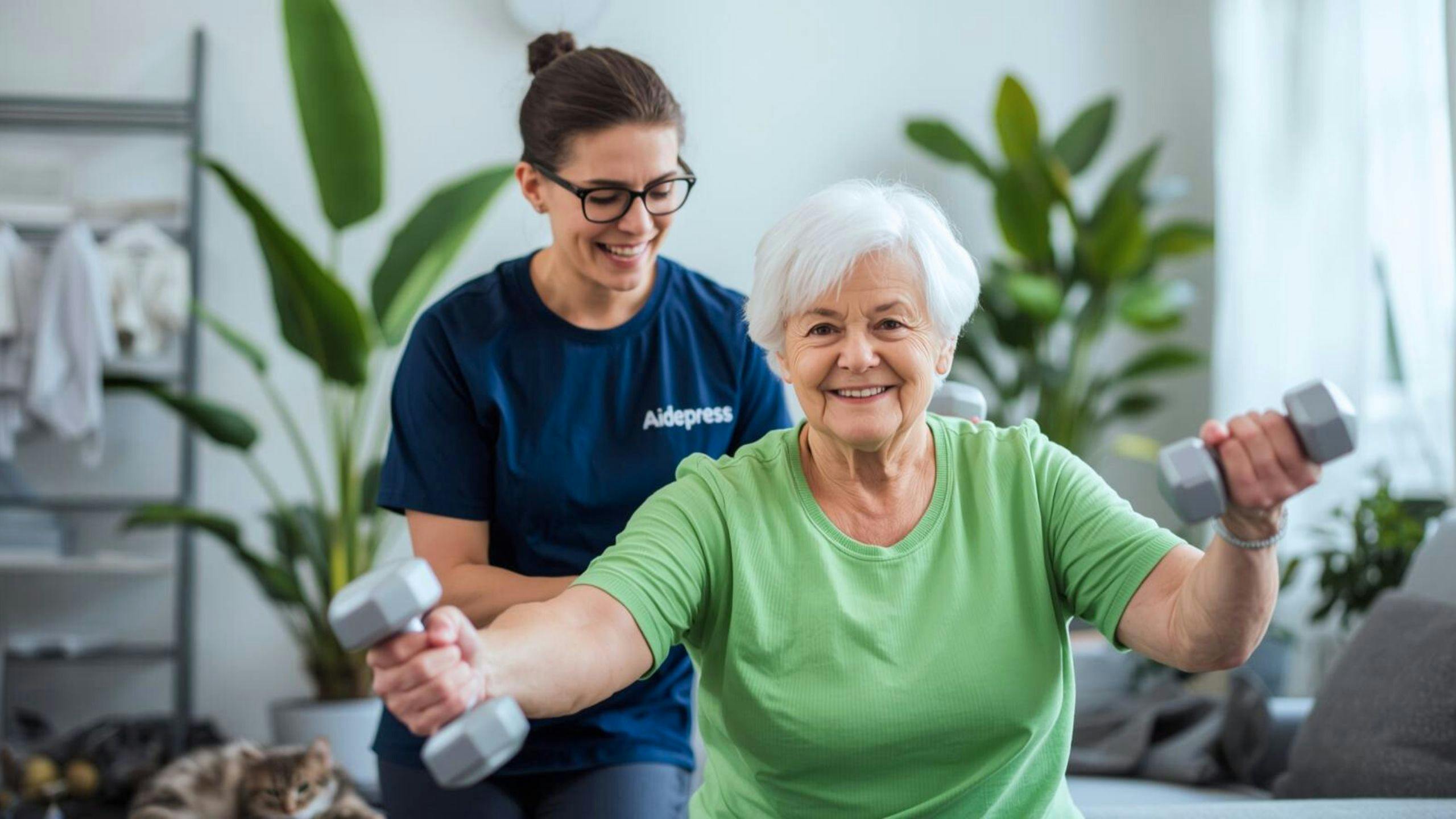 Kinésiologue à domicile guidant une dame âgée dans des exercices personnalisés pour améliorer sa mobilité, sa force et son bien-être.