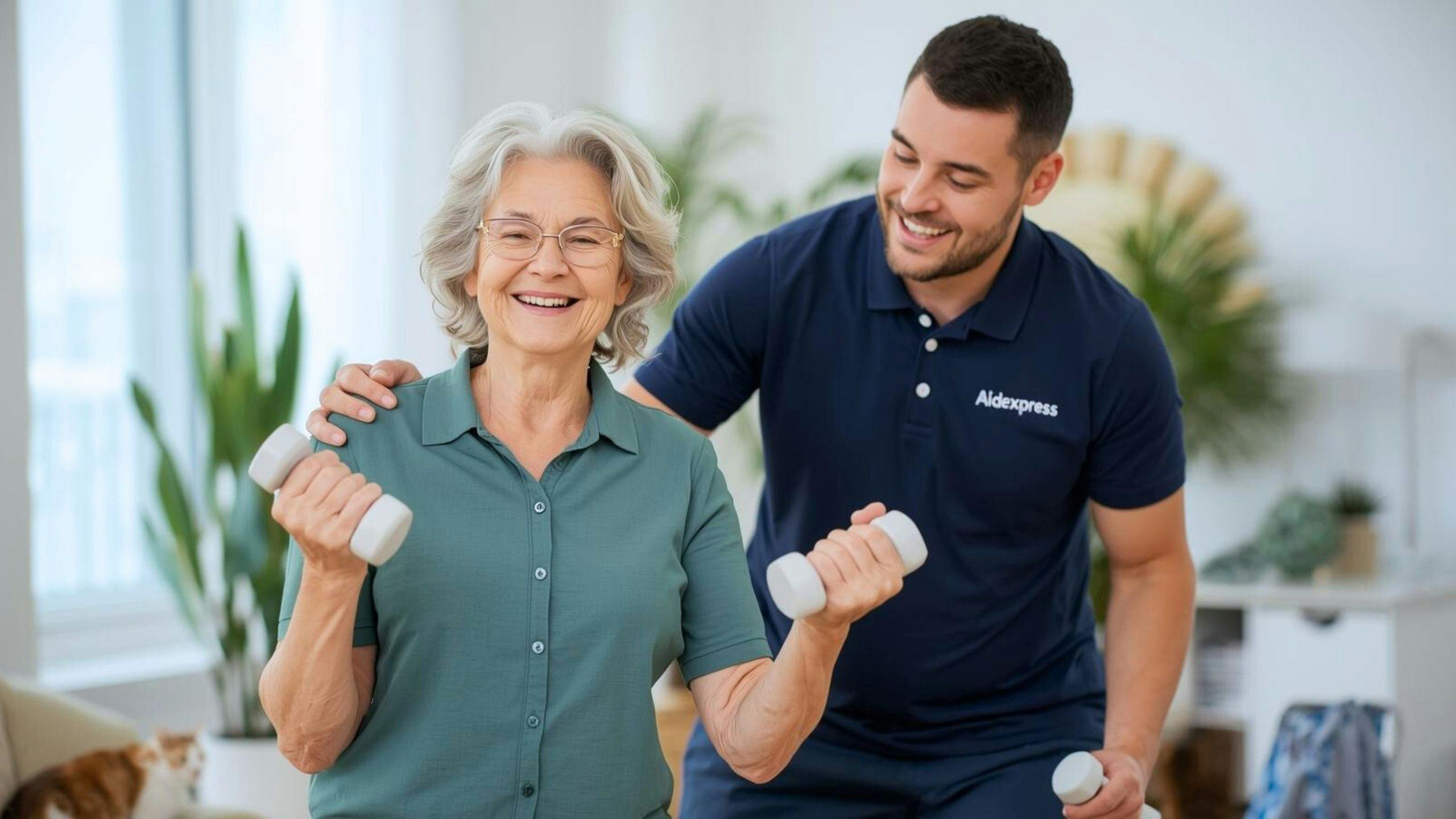 Kinésiologue à domicile accompagnant une dame âgée dans un programme d’exercices adaptés pour renforcer la mobilité, l’équilibre et la vitalité.