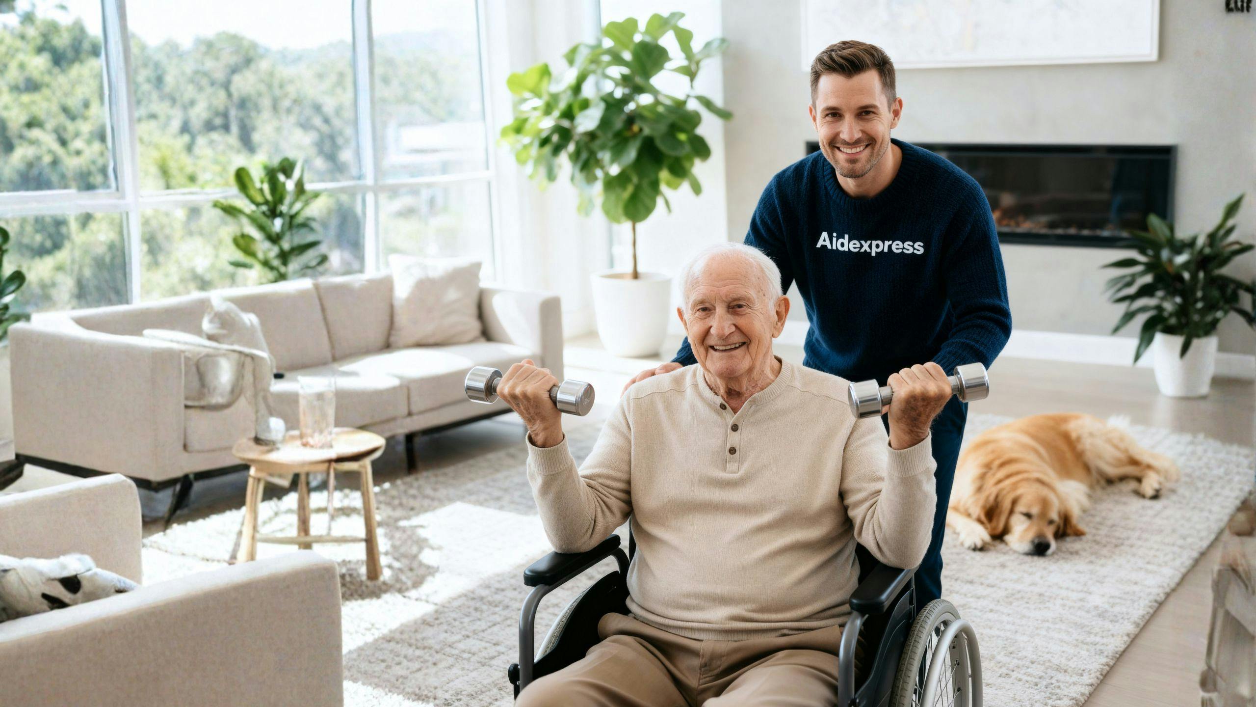Kinésiologue à domicile accompagnant un homme âgé dans un programme d’exercices personnalisés pour améliorer sa mobilité, son équilibre et son autonomie.
