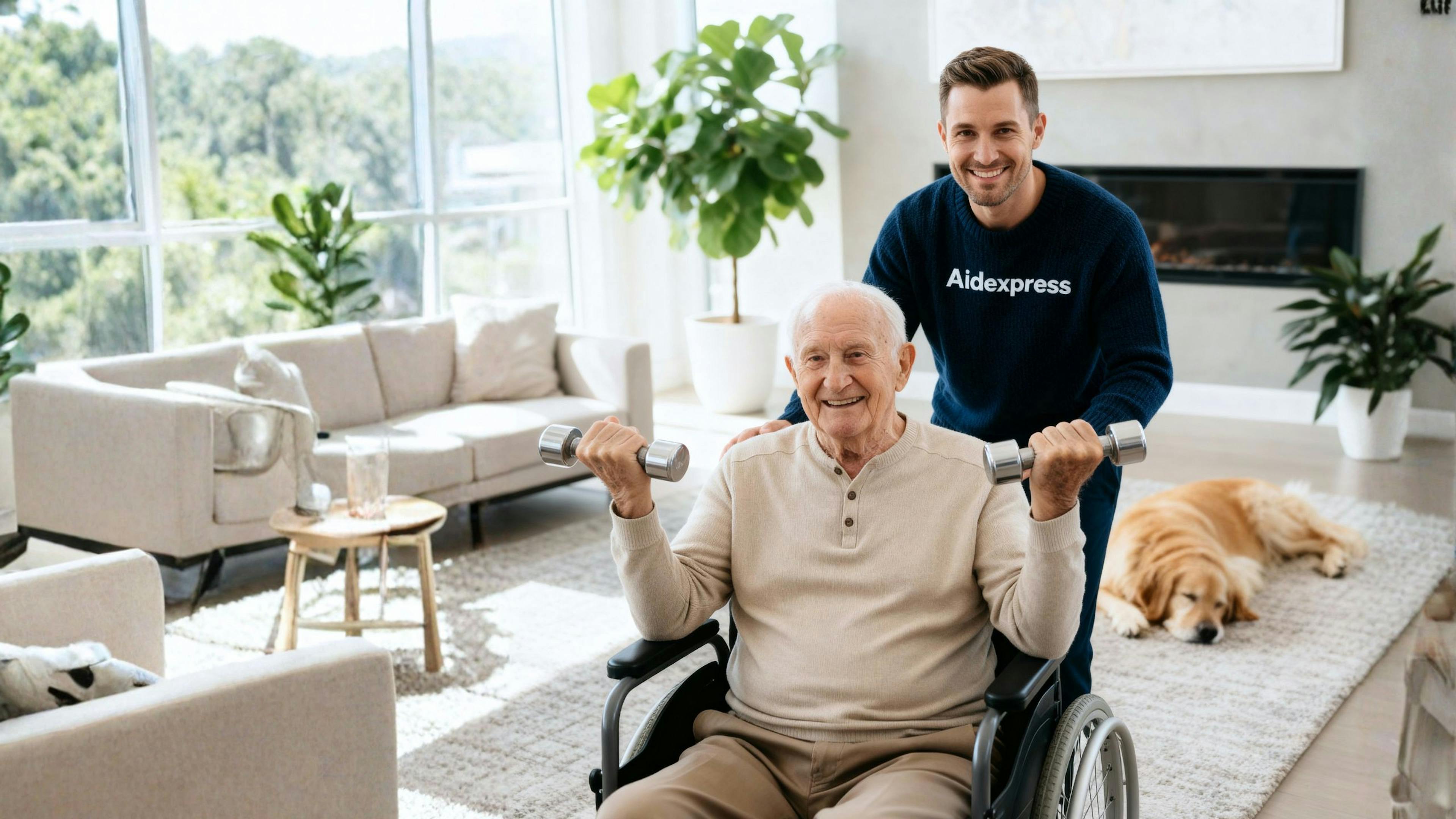 Kinésiologue à domicile accompagnant un homme âgé dans un programme d’exercices personnalisés pour améliorer sa mobilité, son équilibre et son autonomie.