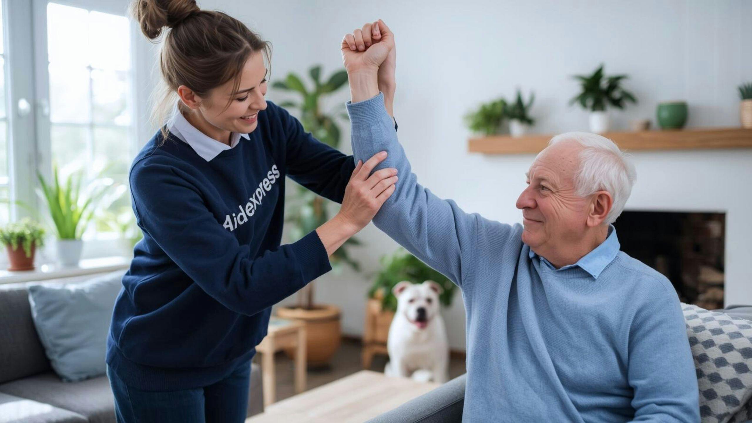 Physiothérapeute à domicile guidant un homme âgé dans des exercices de rééducation pour retrouver sa mobilité, renforcer son équilibre et prévenir les chutes.