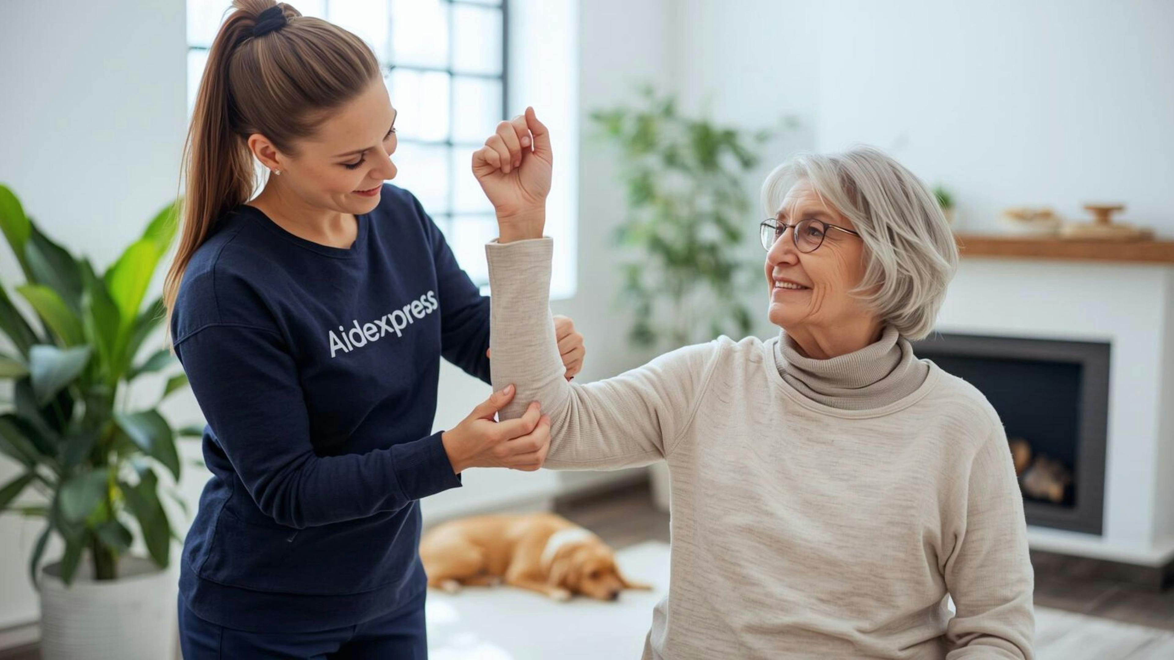 Une physiothérapeute à domicile accompagne une dame dans des exercices de réadaptation personnalisés pour améliorer sa mobilité, soulager ses douleurs et renforcer son autonomie.