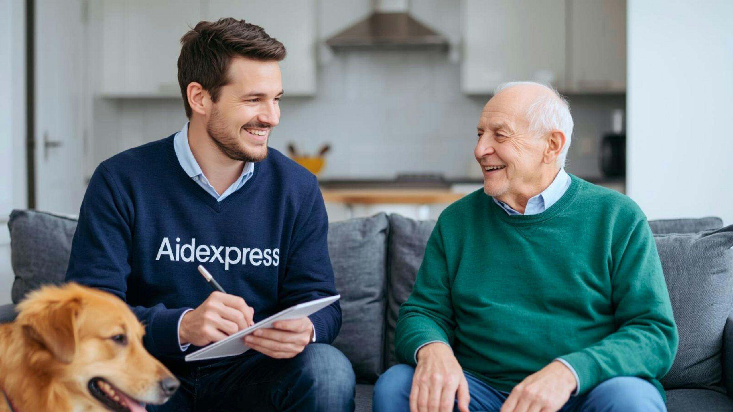 Éducateur spécialisé à domicile discutant avec un homme âgé pour offrir du soutien personnalisé, encourager son autonomie et favoriser son bien-être au quotidien.